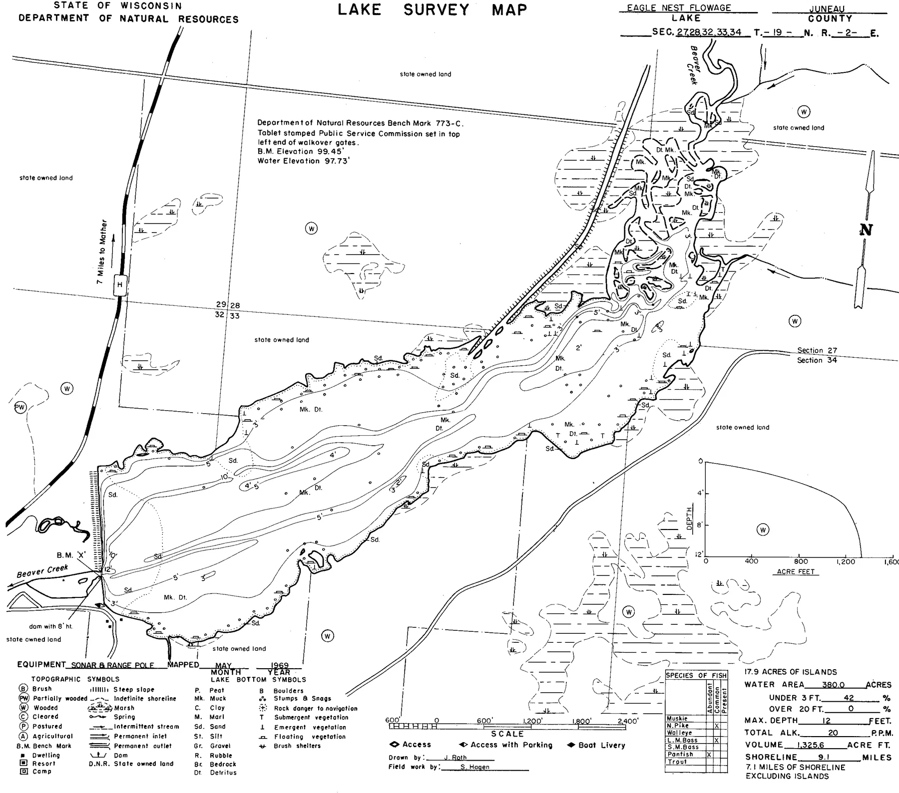 Eagle Nest Flowage historical Wisconsin DNR depth map sheet 1