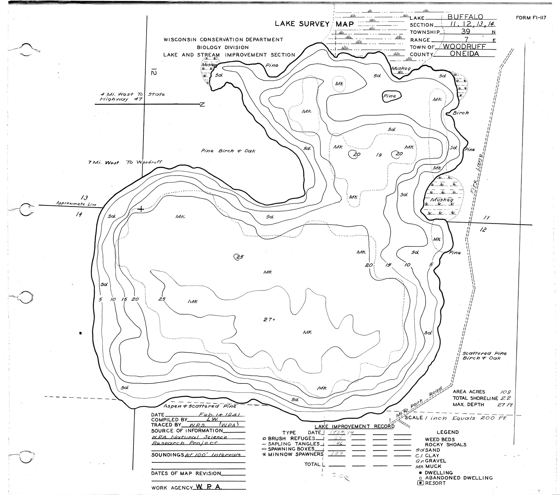 Buffalo Lake historical Wisconsin DNR depth map sheet 1