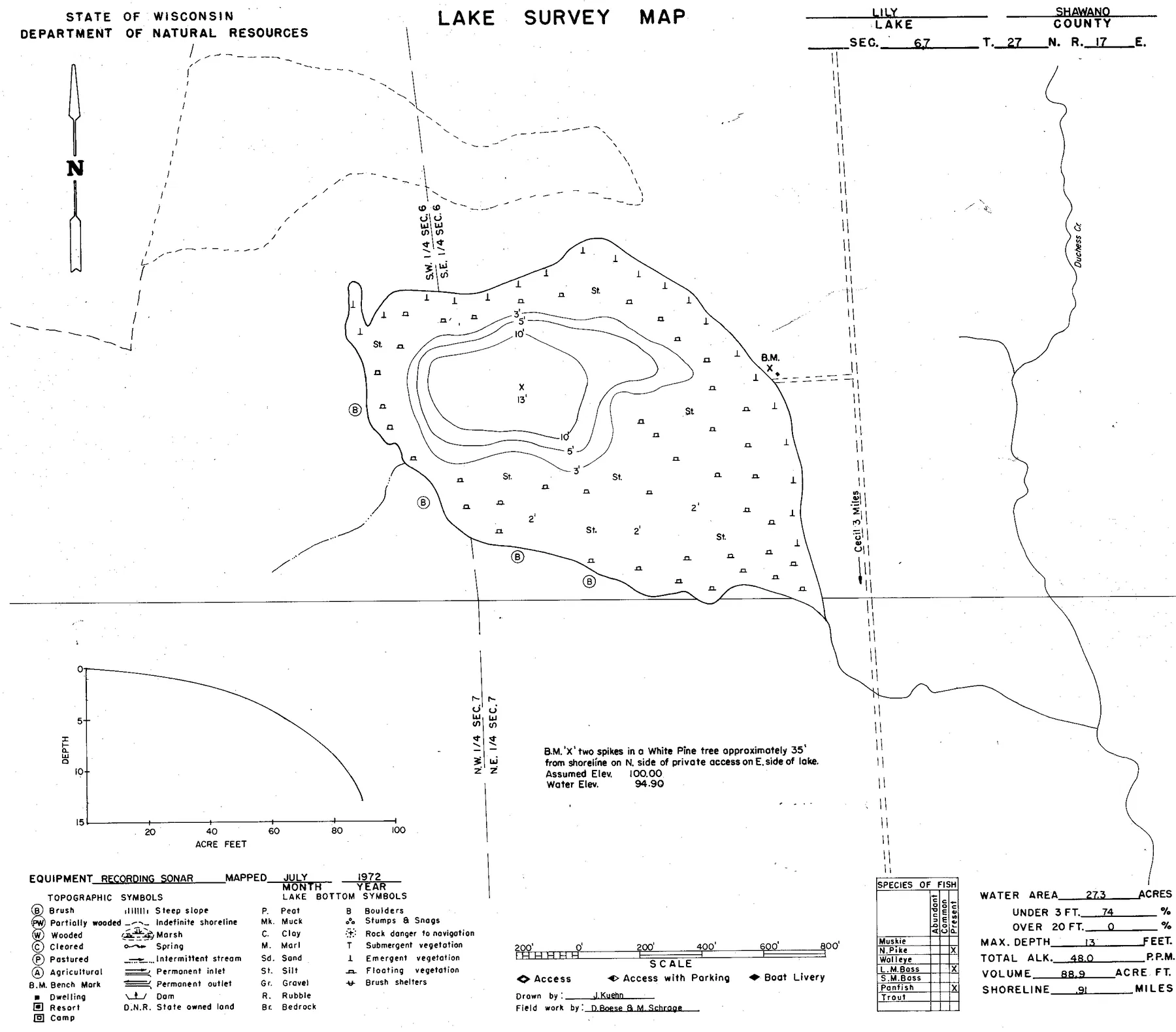 Lily Lake historical Wisconsin DNR depth map sheet 1