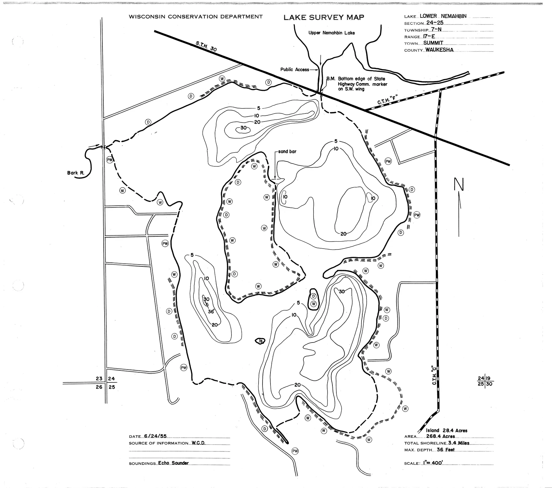 Lower Nemahbin Lake historical Wisconsin DNR depth map sheet 1