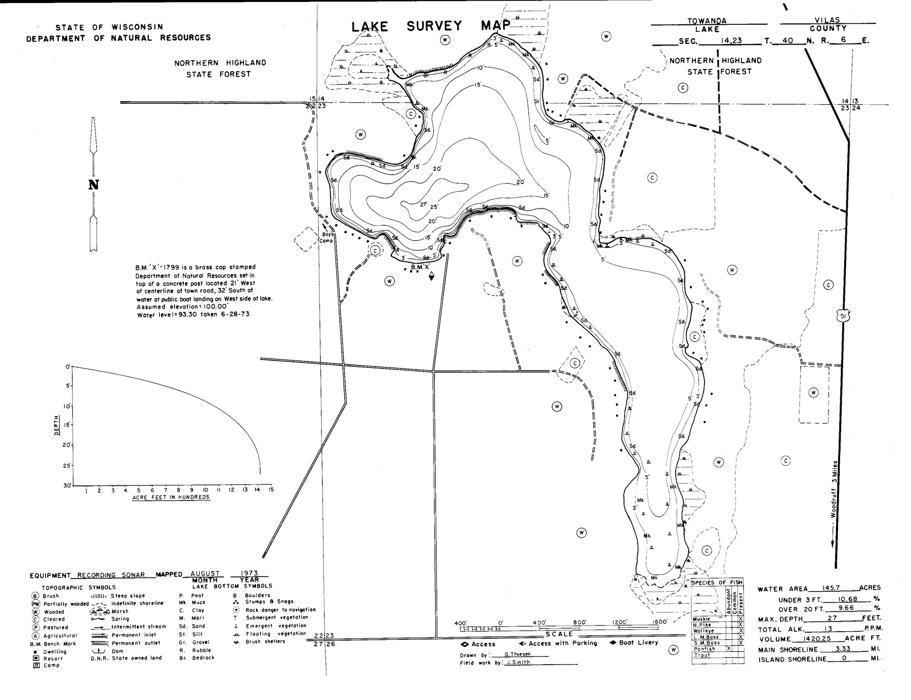 Towanda Lake historical Wisconsin DNR depth map sheet 1