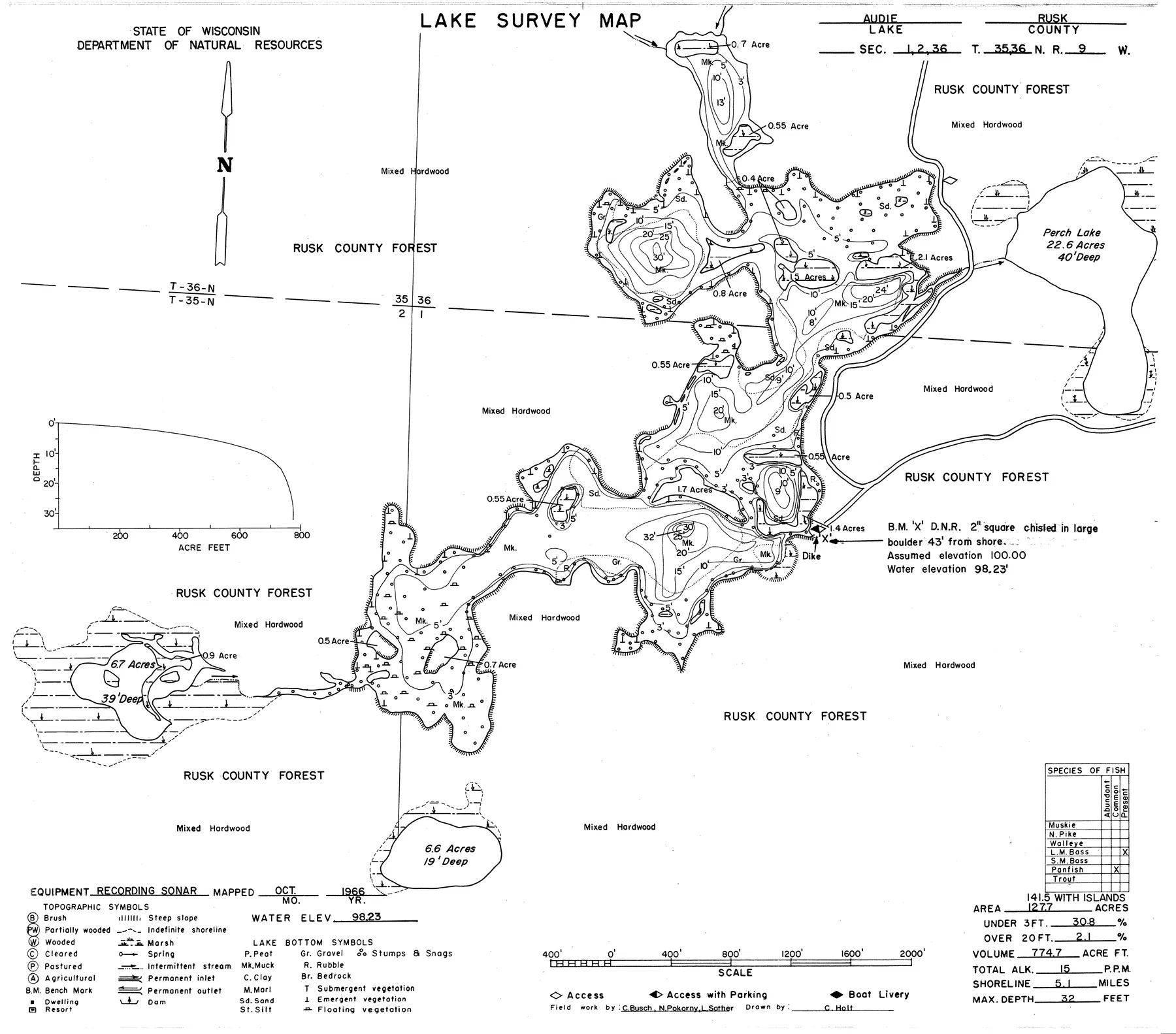 Audie Lake historical Wisconsin DNR depth map sheet 1