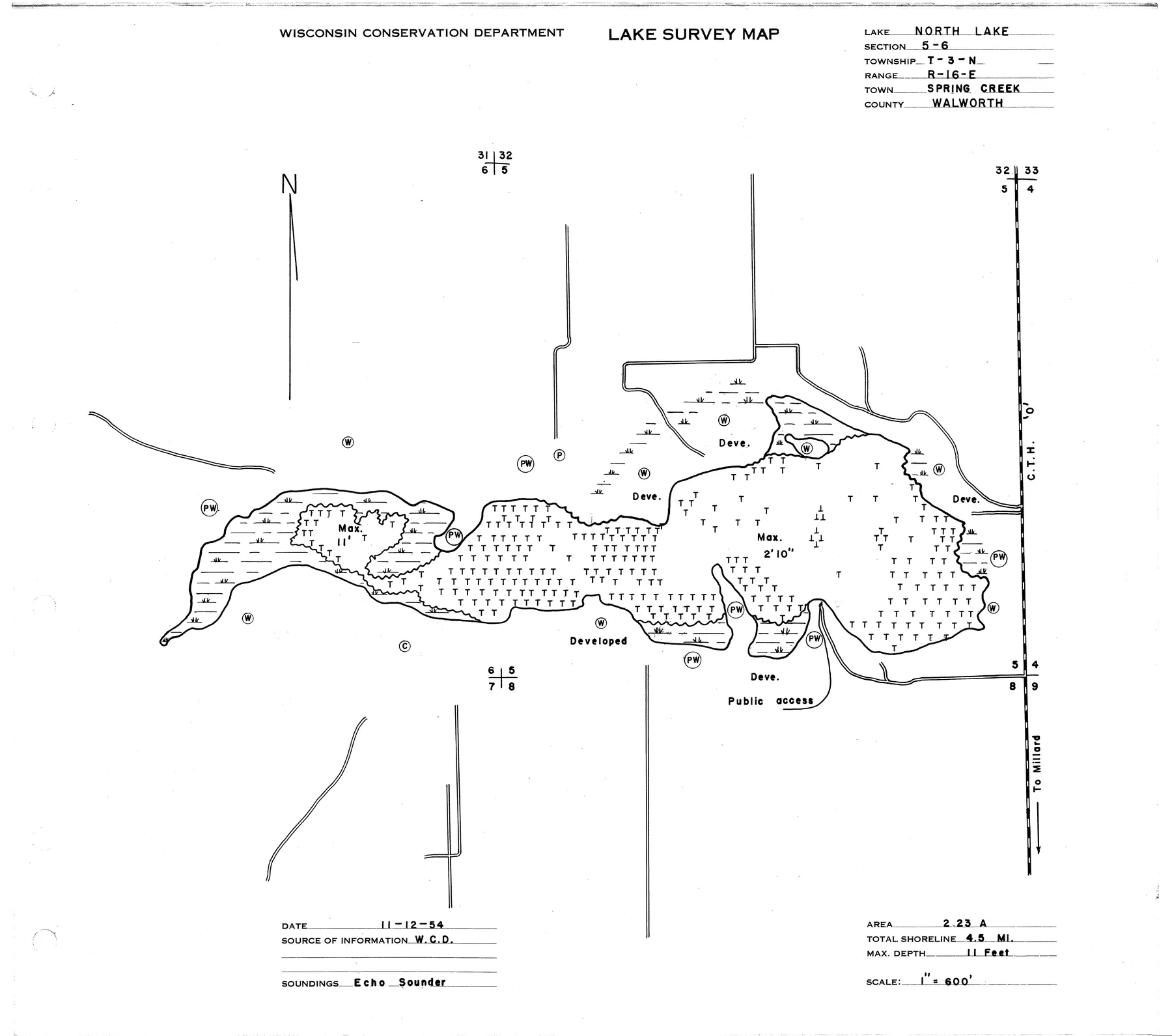 North Lake historical Wisconsin DNR depth map sheet 1