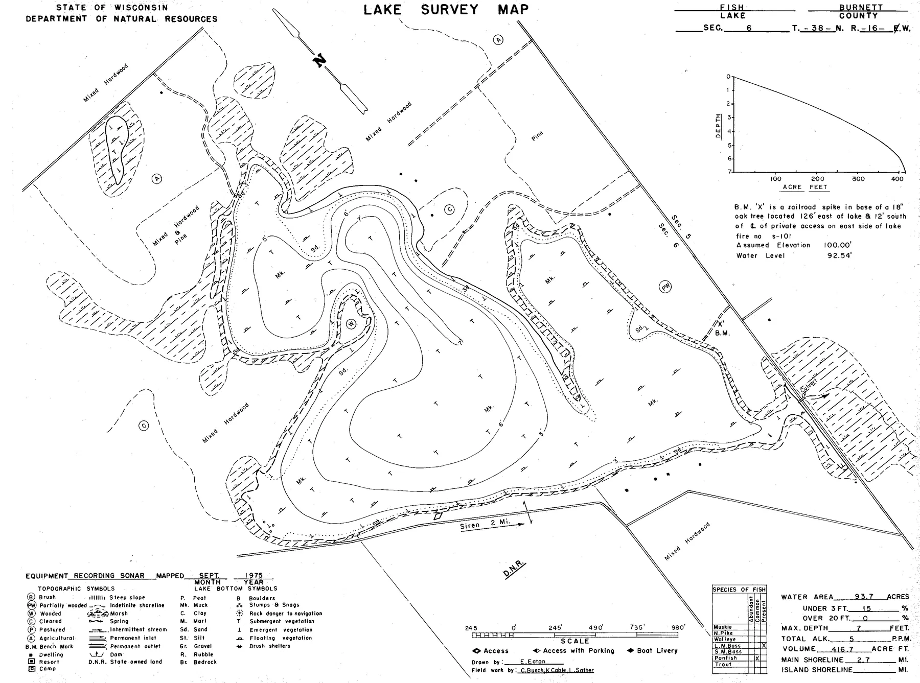 Fish Lake historical Wisconsin DNR depth map sheet 1