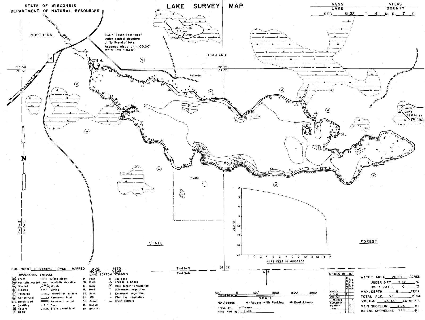 Mann Lake historical Wisconsin DNR depth map sheet 1