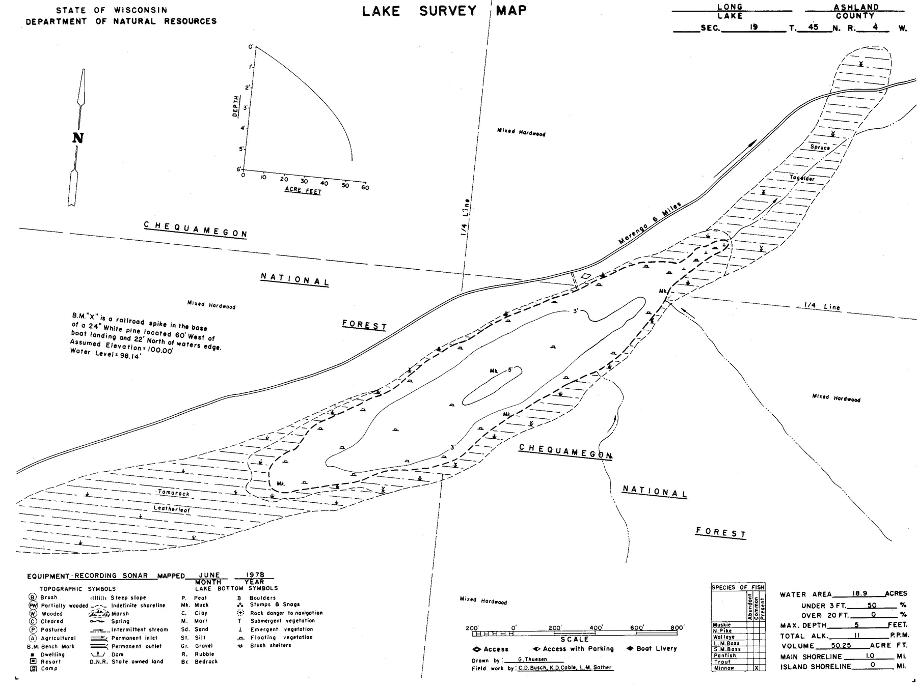 Long Lake historical Wisconsin DNR depth map sheet 1