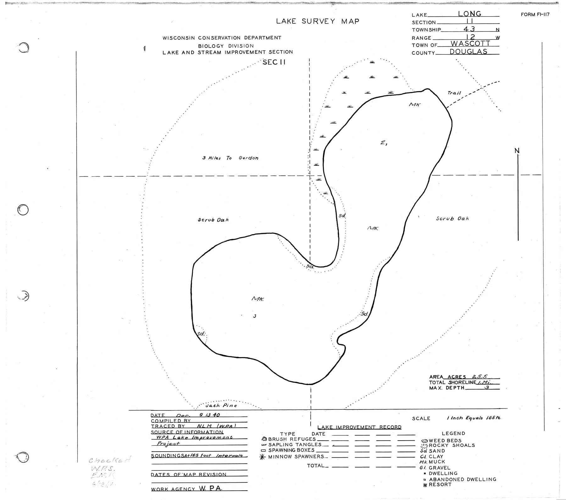 Long Lake historical Wisconsin DNR depth map sheet 1