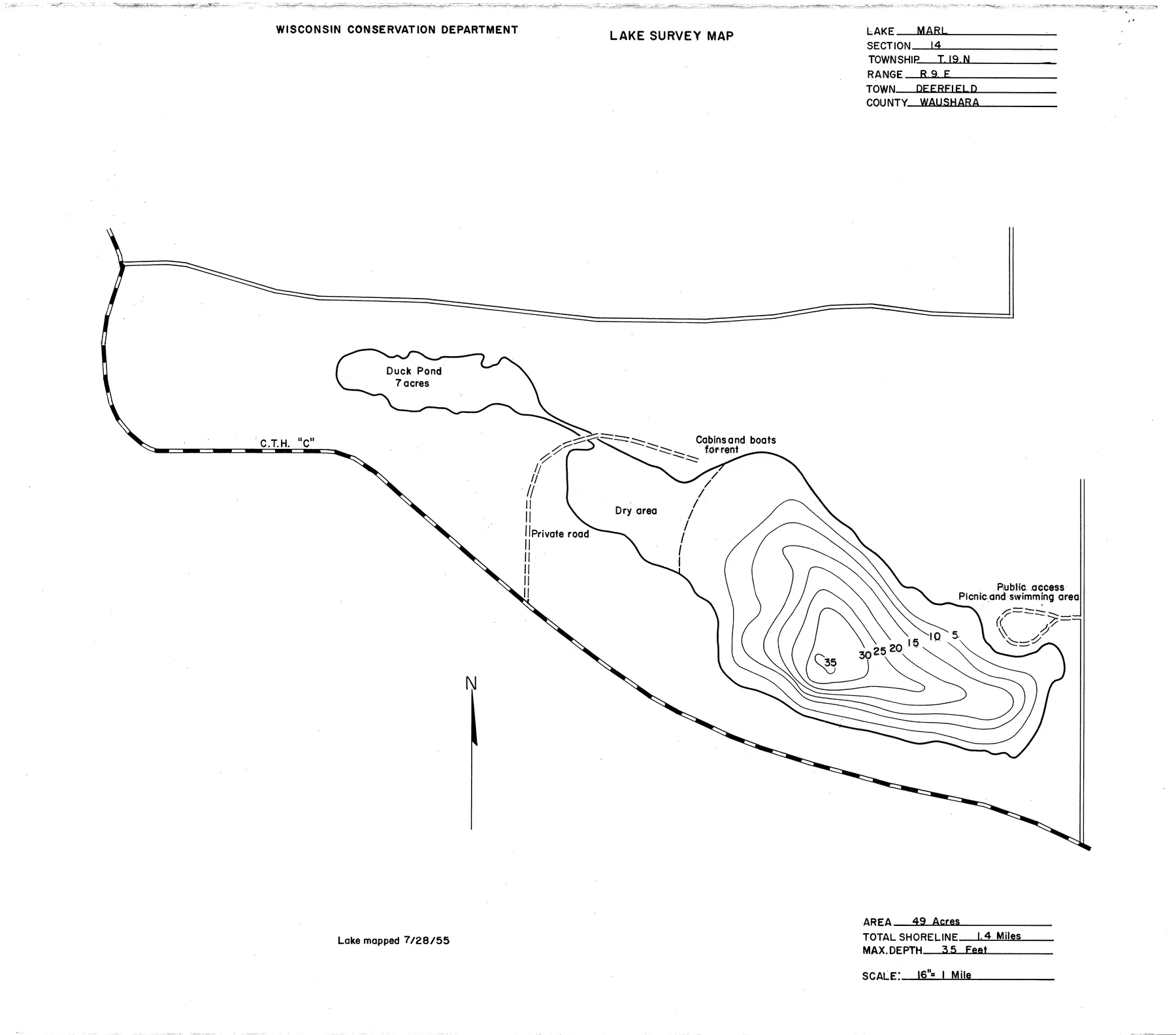 Marl Lake historical Wisconsin DNR depth map sheet 1