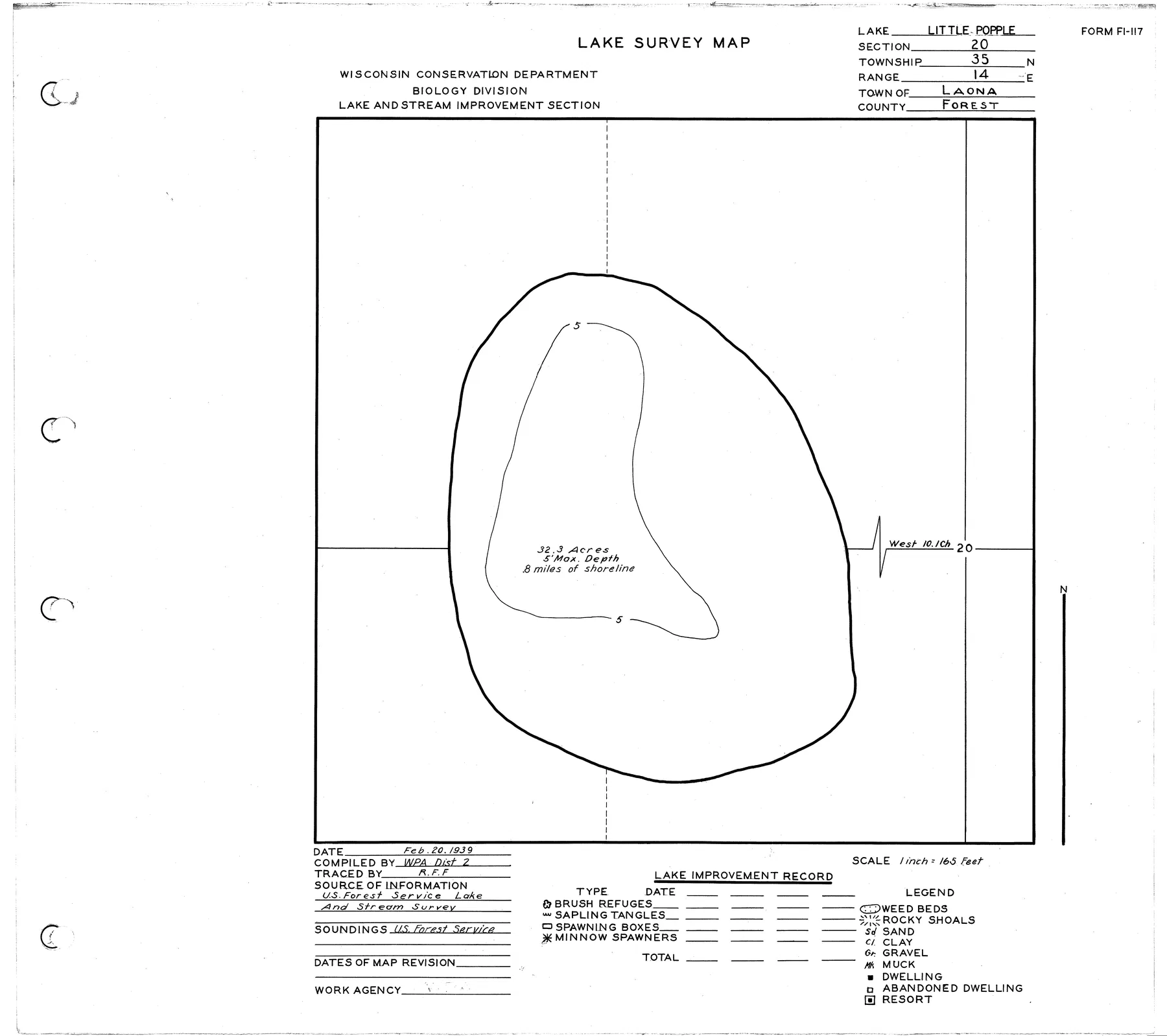 Little Popple Lake historical Wisconsin DNR depth map sheet 1