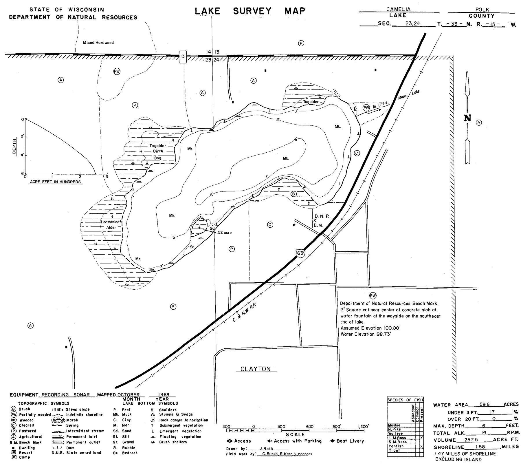 Camelia Lake historical Wisconsin DNR depth map sheet 1