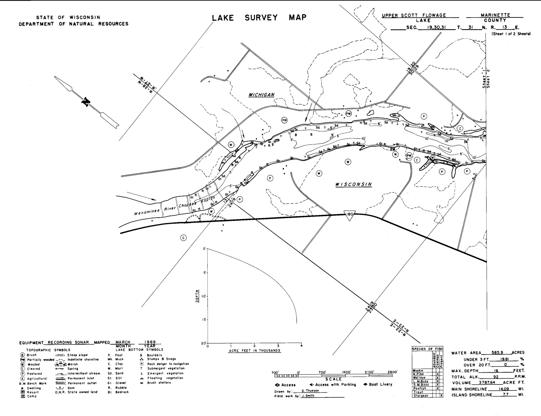 Upper Scott Flowage 4060 historical Wisconsin DNR depth map sheet 1