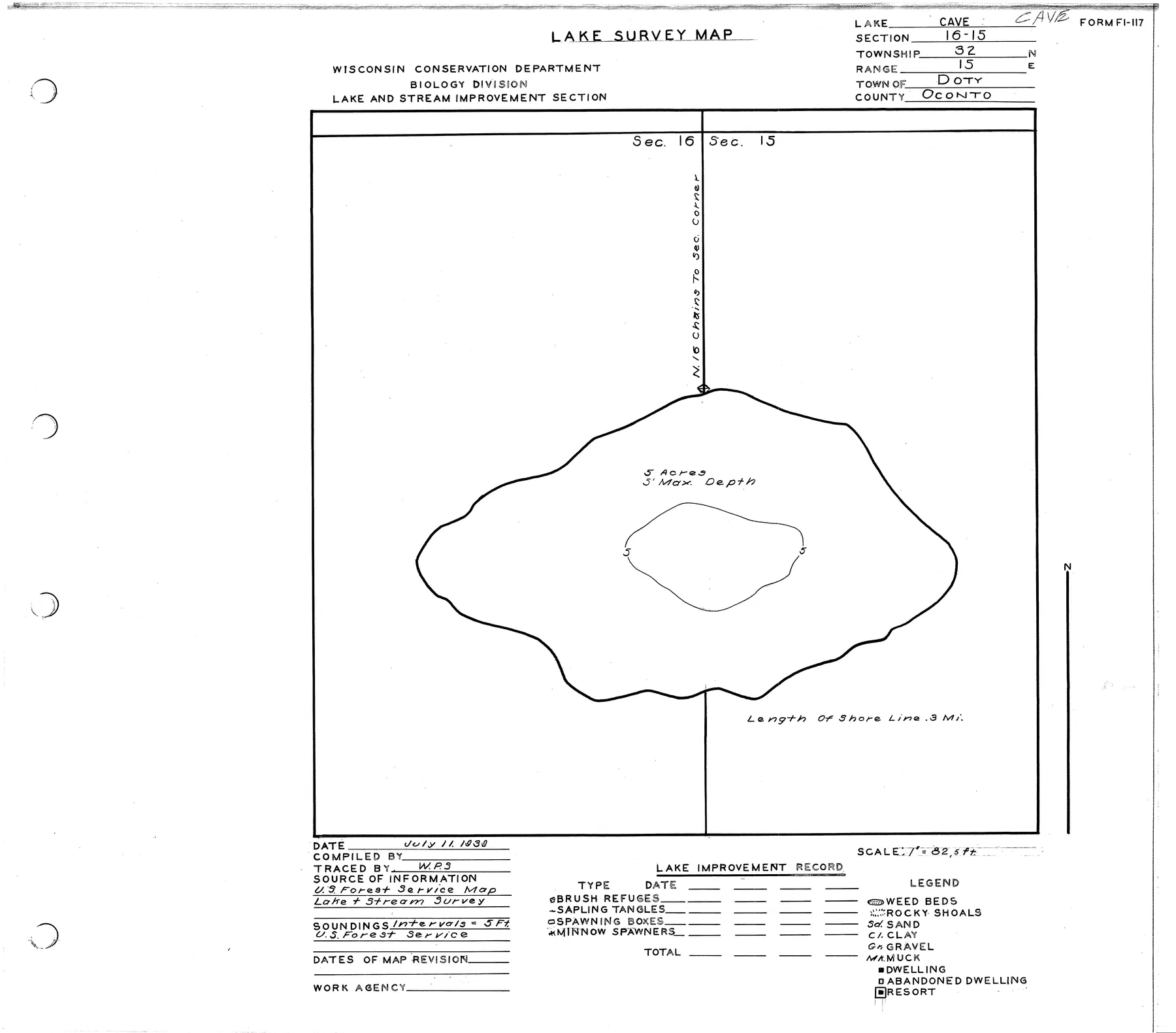 Cave Lake historical Wisconsin DNR depth map sheet 1