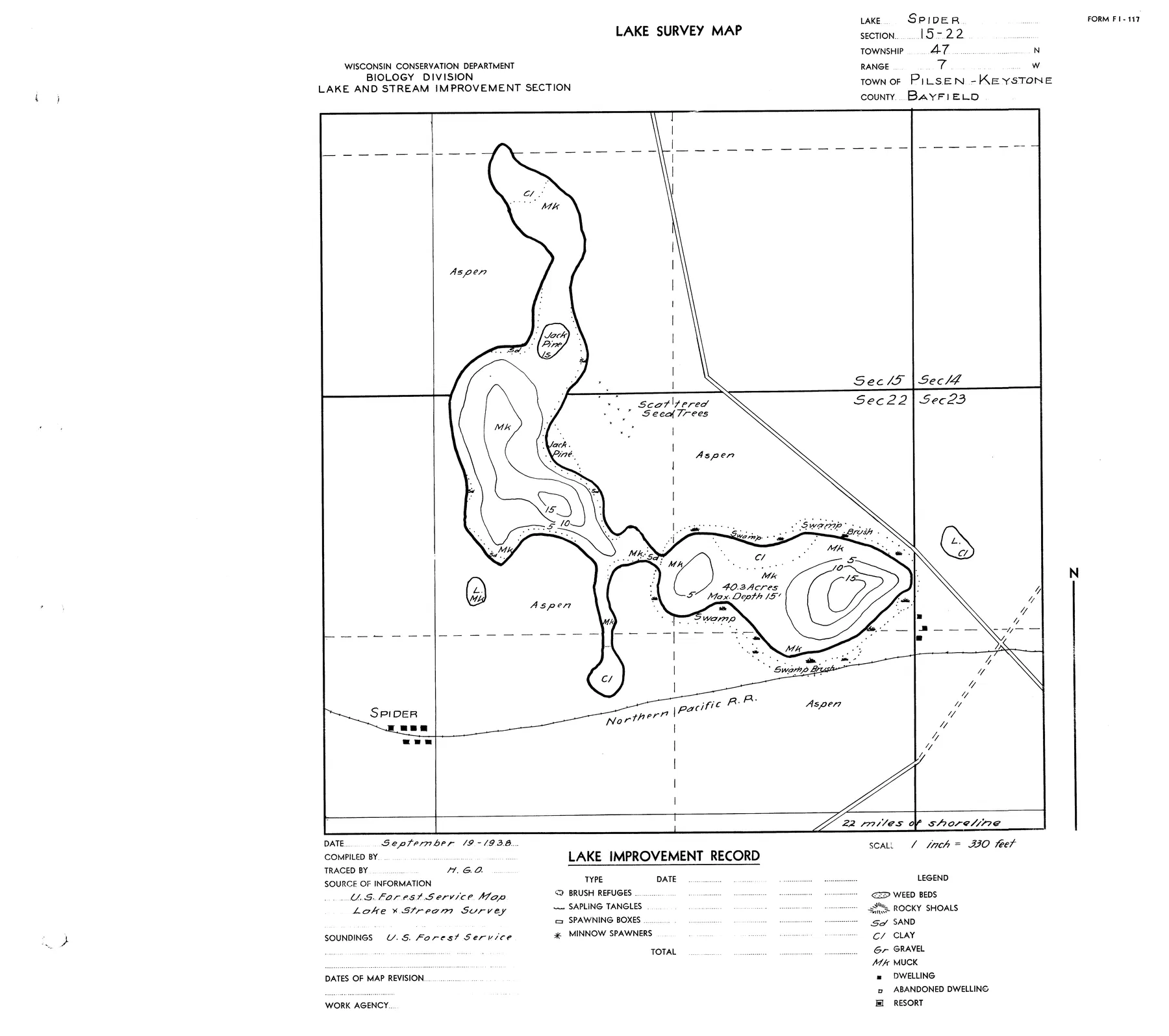 Spider Lake historical Wisconsin DNR depth map sheet 1
