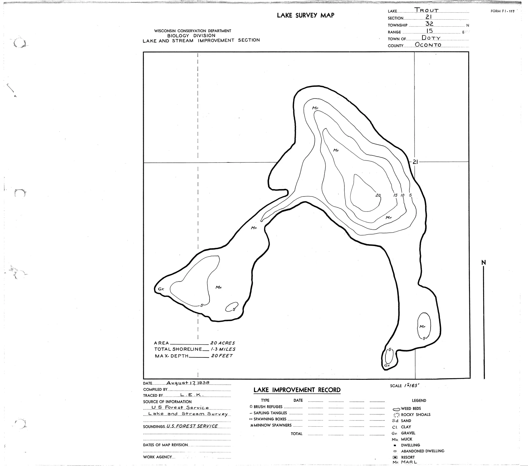 Trout Lake historical Wisconsin DNR depth map sheet 1