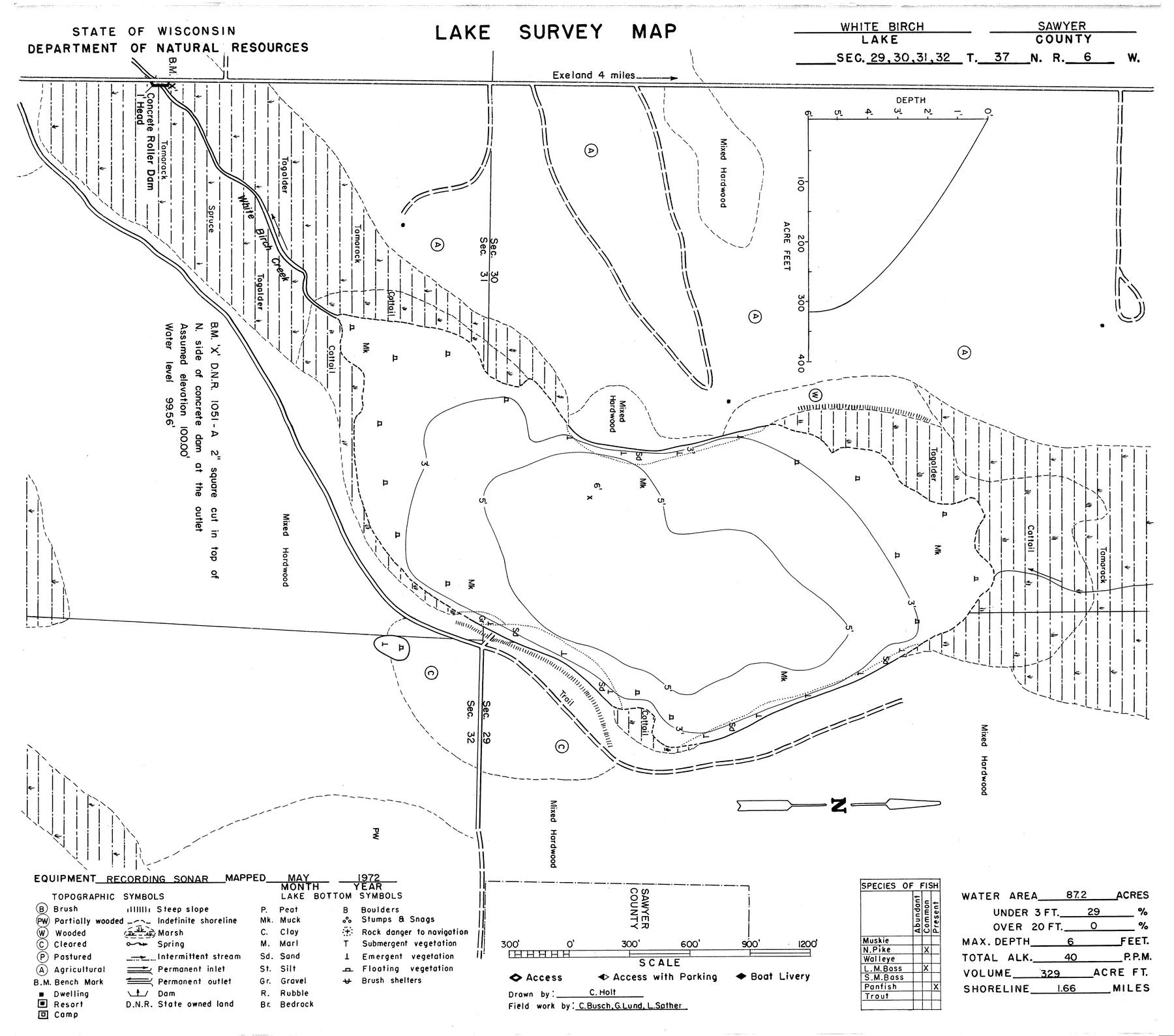 White Birch Lake historical Wisconsin DNR depth map sheet 1
