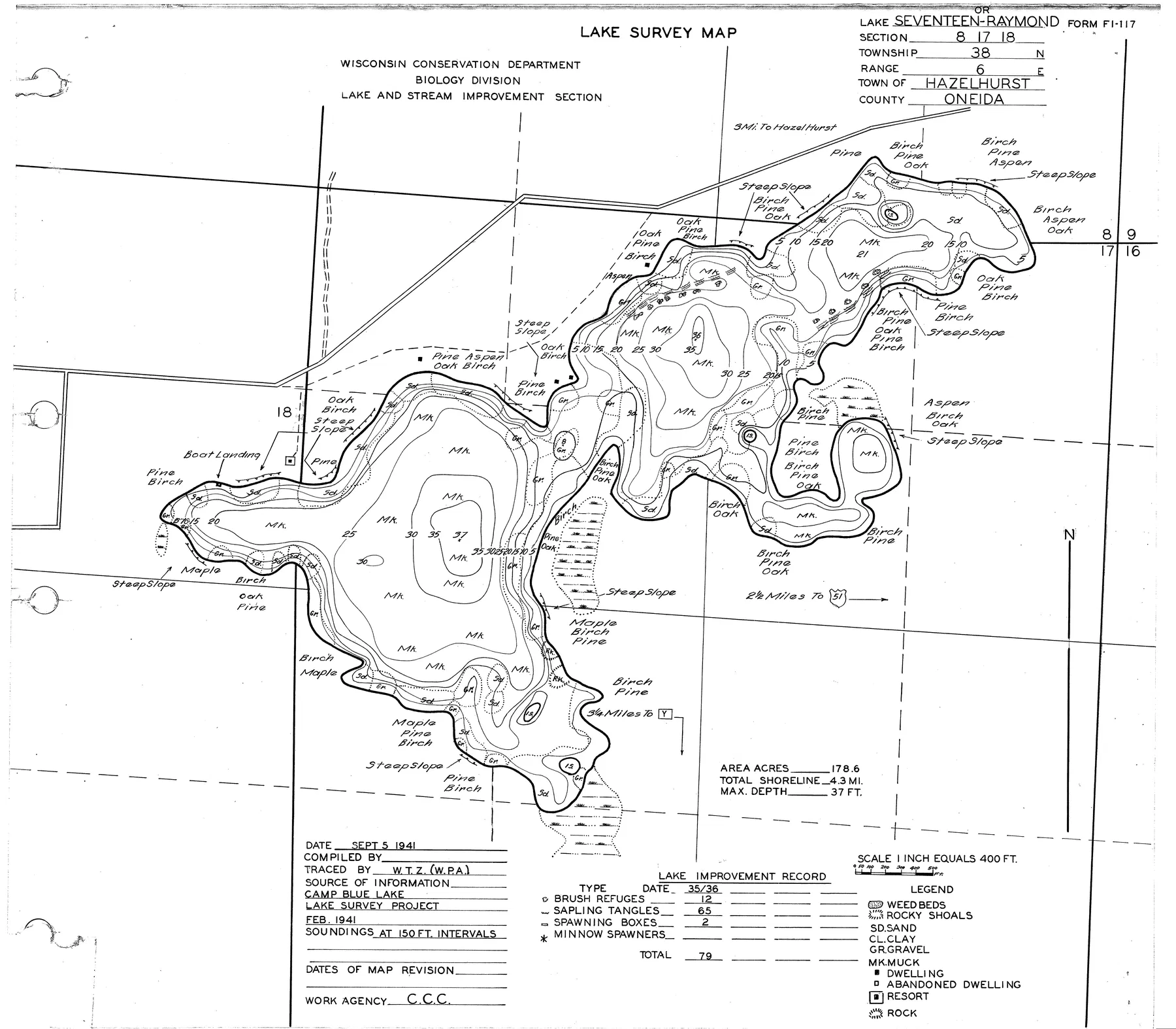 Lake Seventeen historical Wisconsin DNR depth map sheet 1