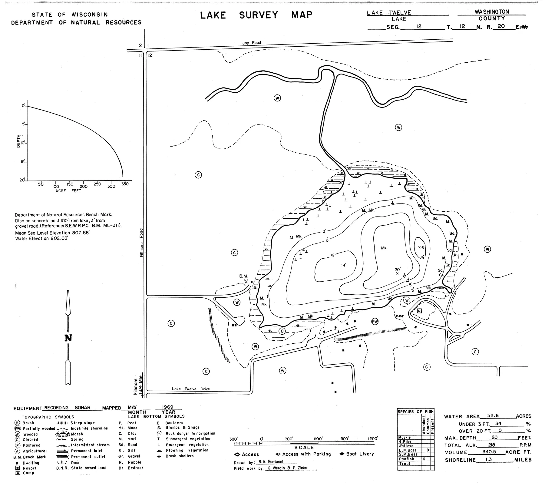 Lake Twelve historical Wisconsin DNR depth map sheet 1