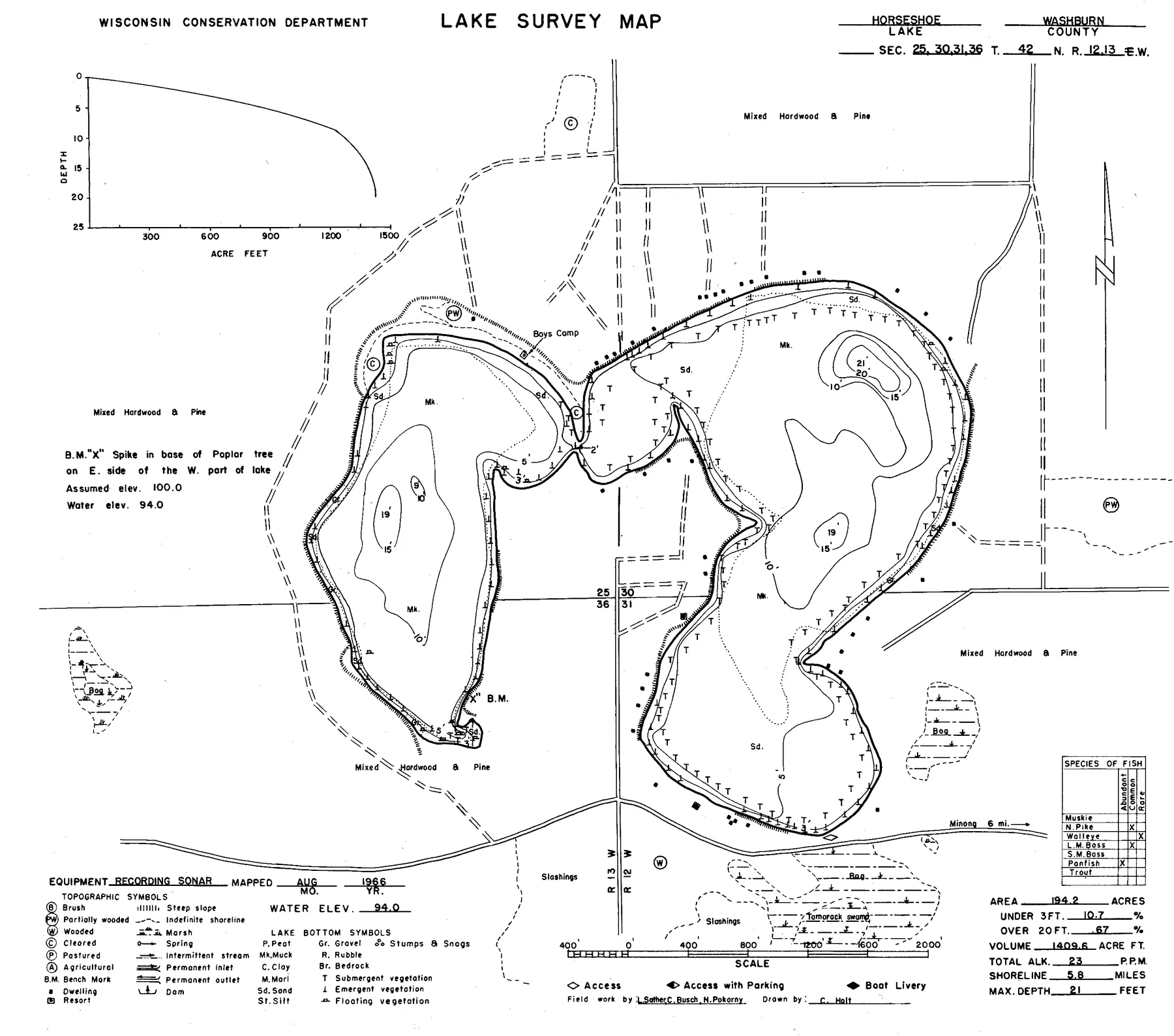 Horseshoe Lake historical Wisconsin DNR depth map sheet 1