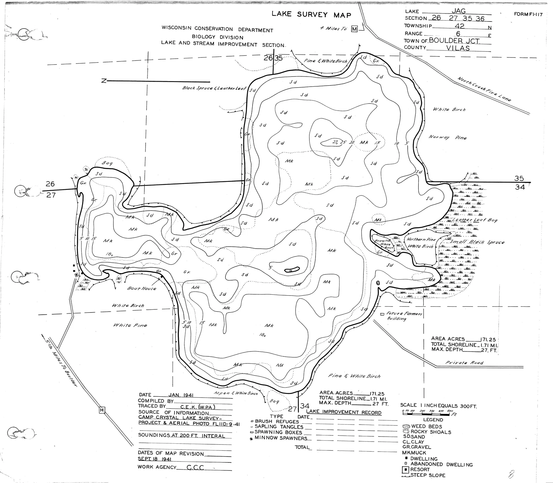 Jag Lake historical Wisconsin DNR depth map sheet 1