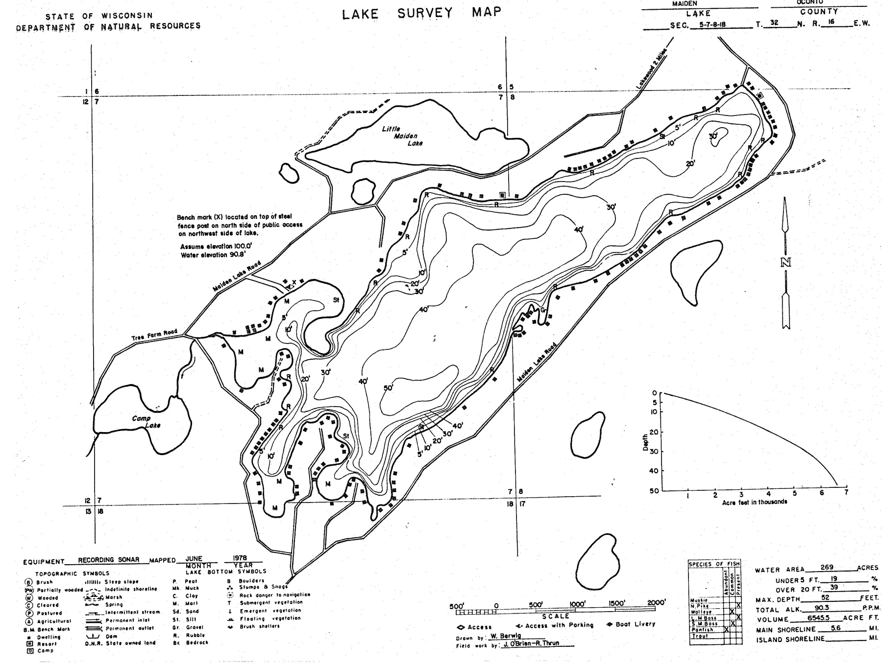 Maiden Lake historical Wisconsin DNR depth map sheet 1