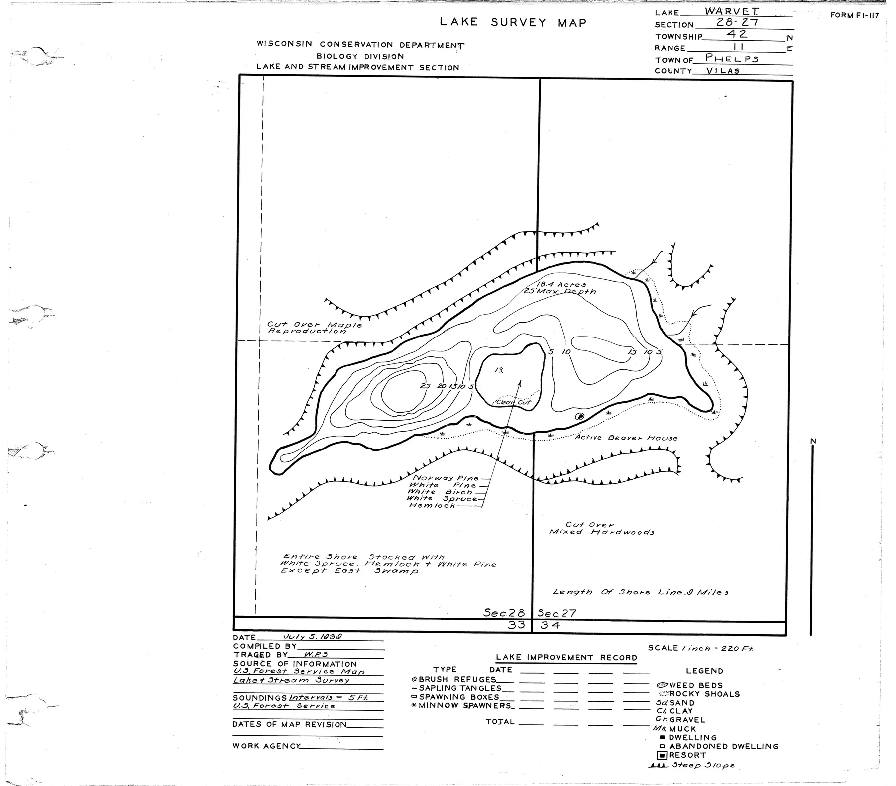 Warvet Lake historical Wisconsin DNR depth map sheet 1