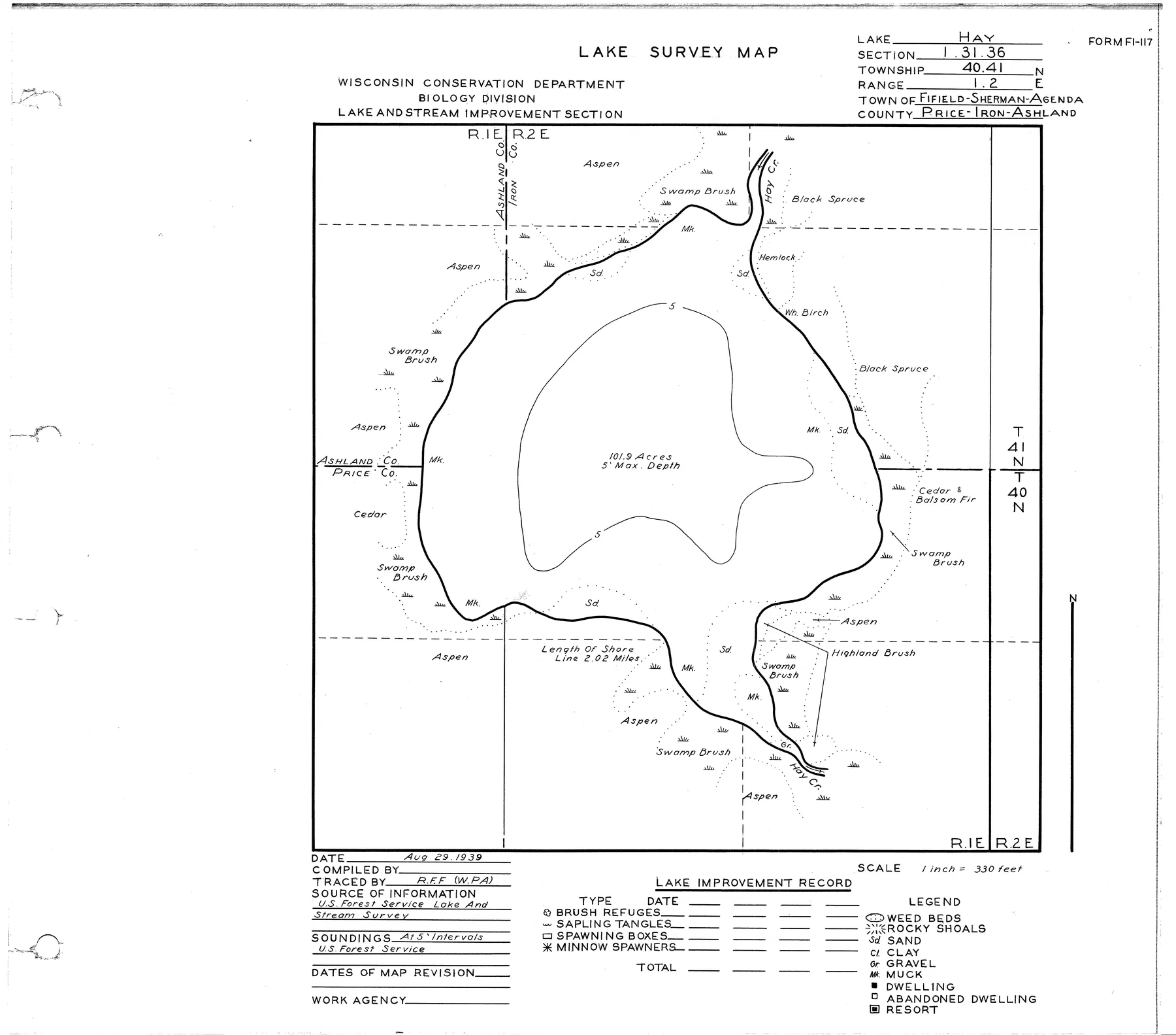 Hay Lake historical Wisconsin DNR depth map sheet 1