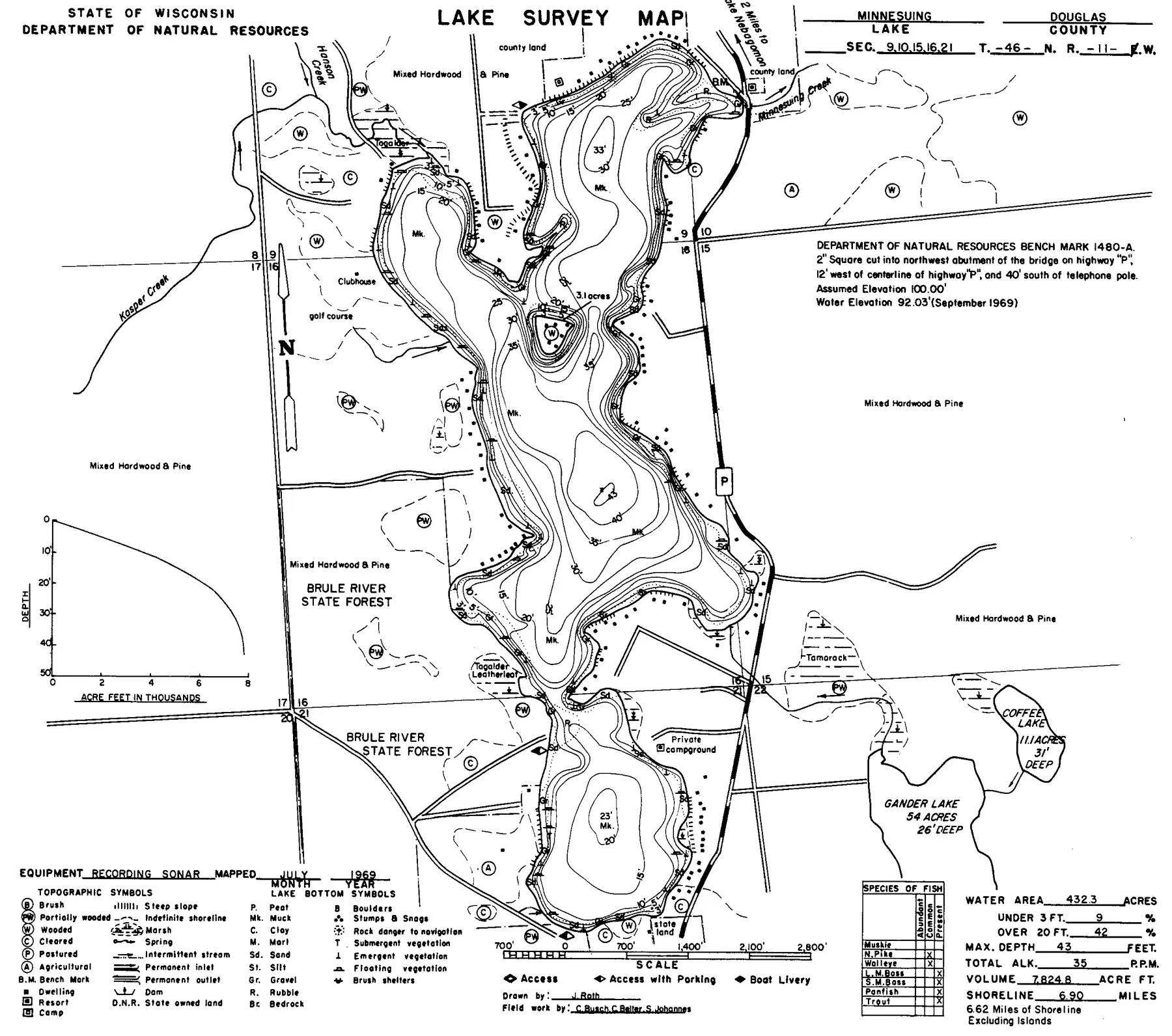 Lake Minnesuing historical Wisconsin DNR depth map sheet 1