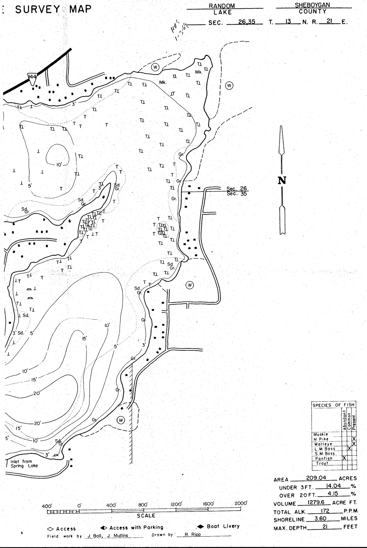 Random Lake historical Wisconsin DNR depth map sheet 1