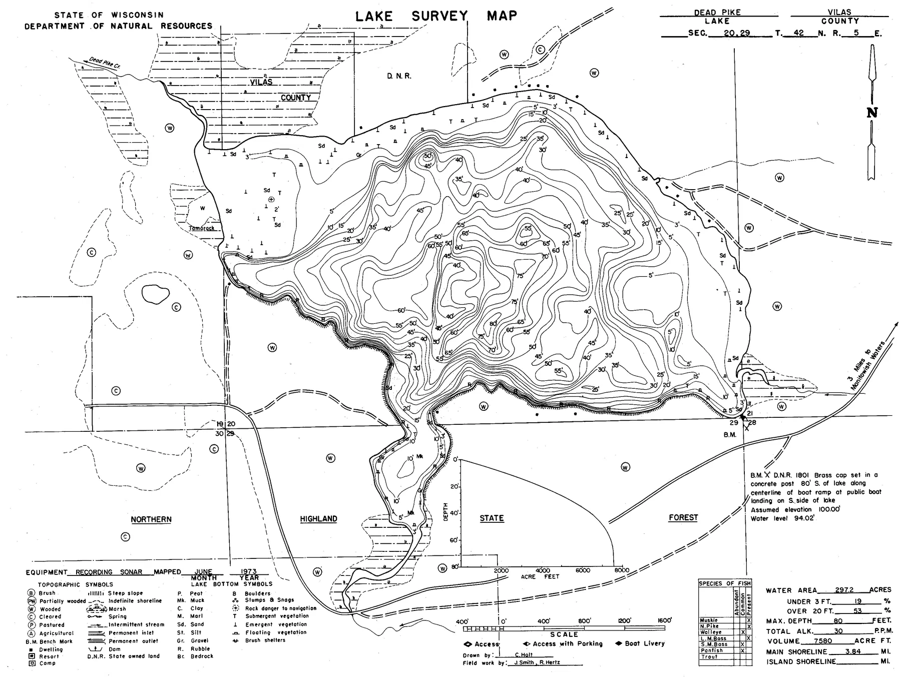 Dead Pike Lake historical Wisconsin DNR depth map sheet 1