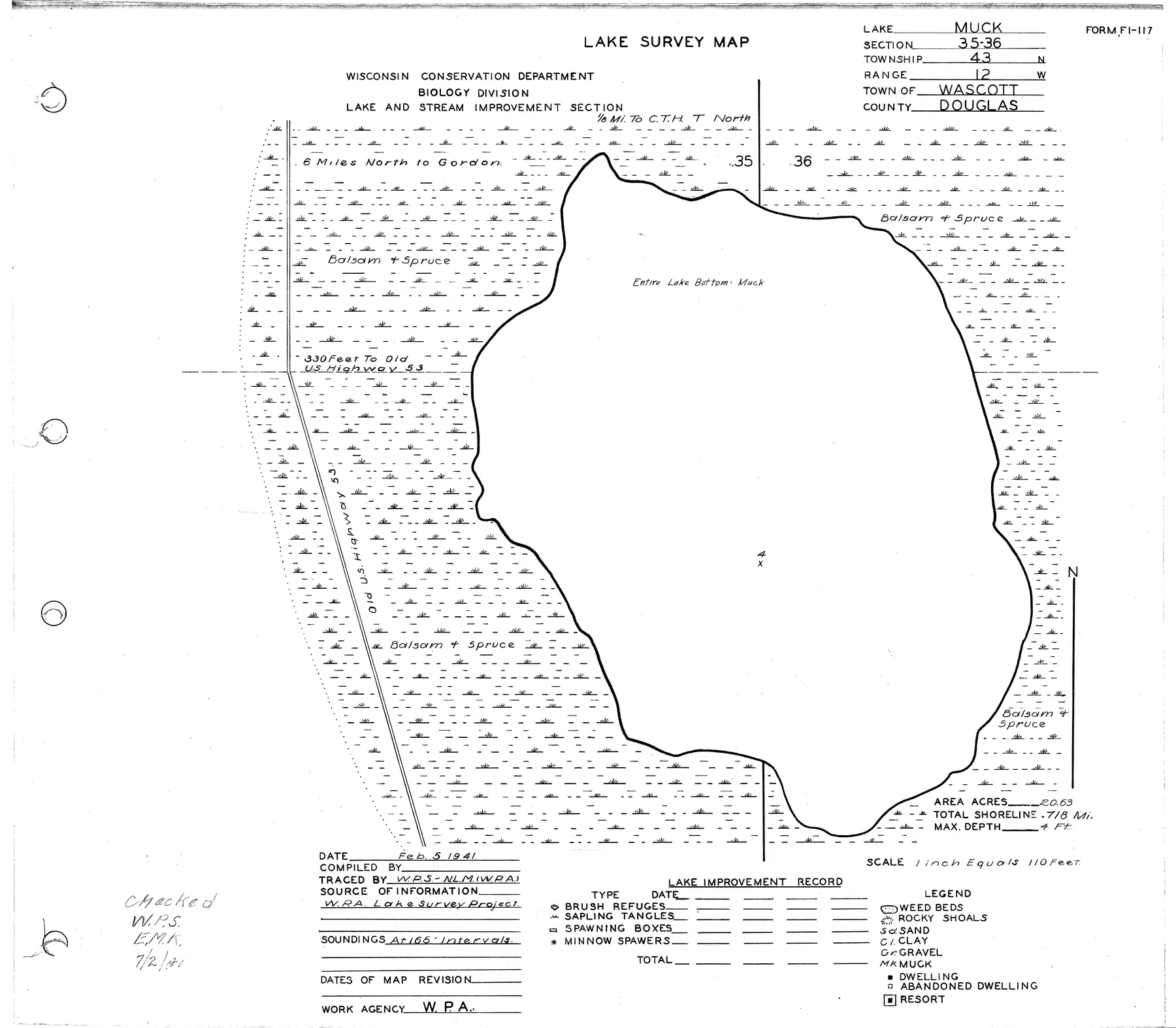 Muck Lake historical Wisconsin DNR depth map sheet 1