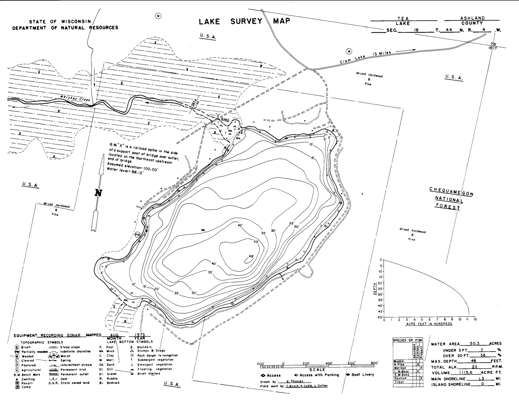 Tea Lake historical Wisconsin DNR depth map sheet 1