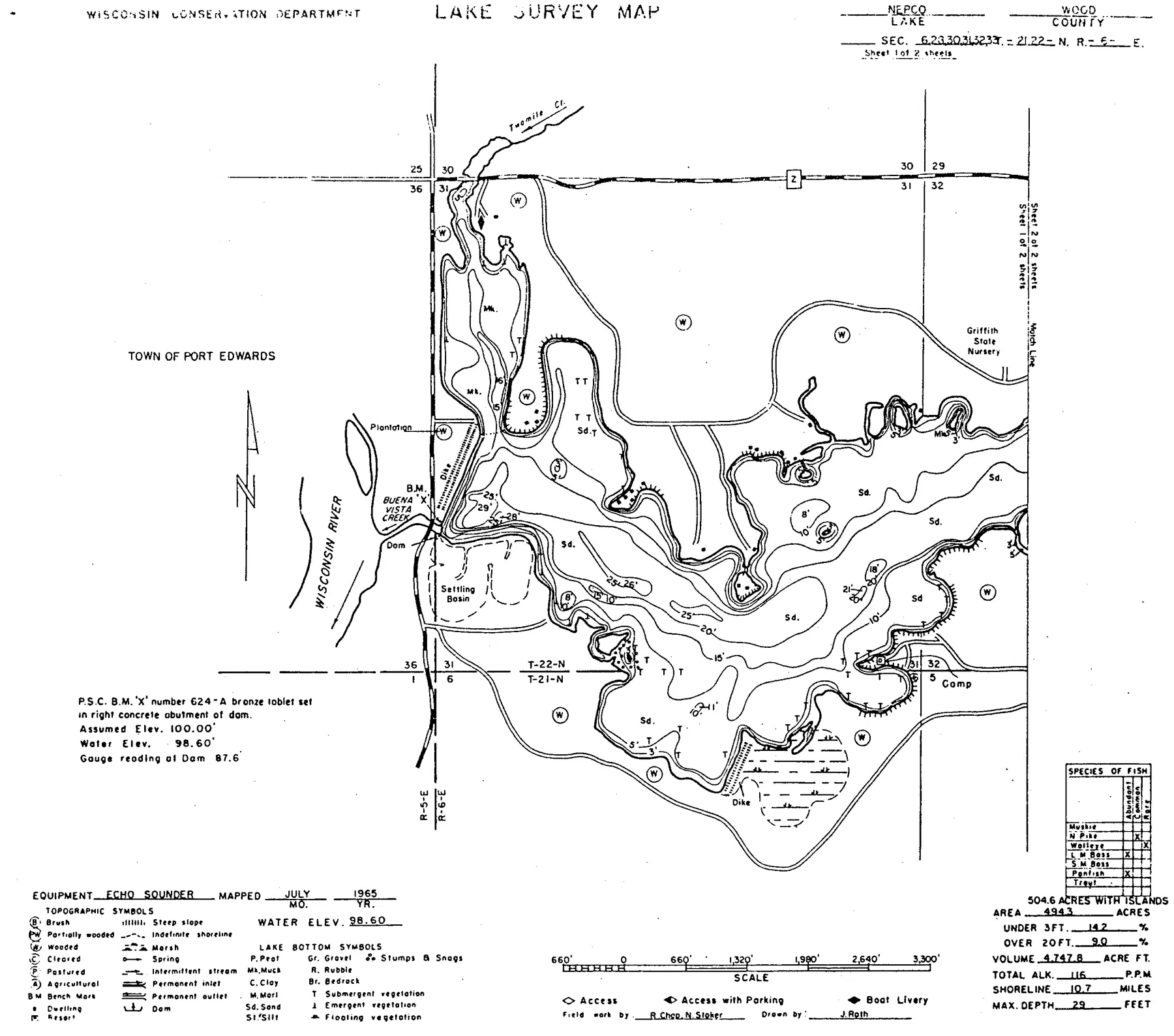 Nepco Lake historical Wisconsin DNR depth map sheet 1