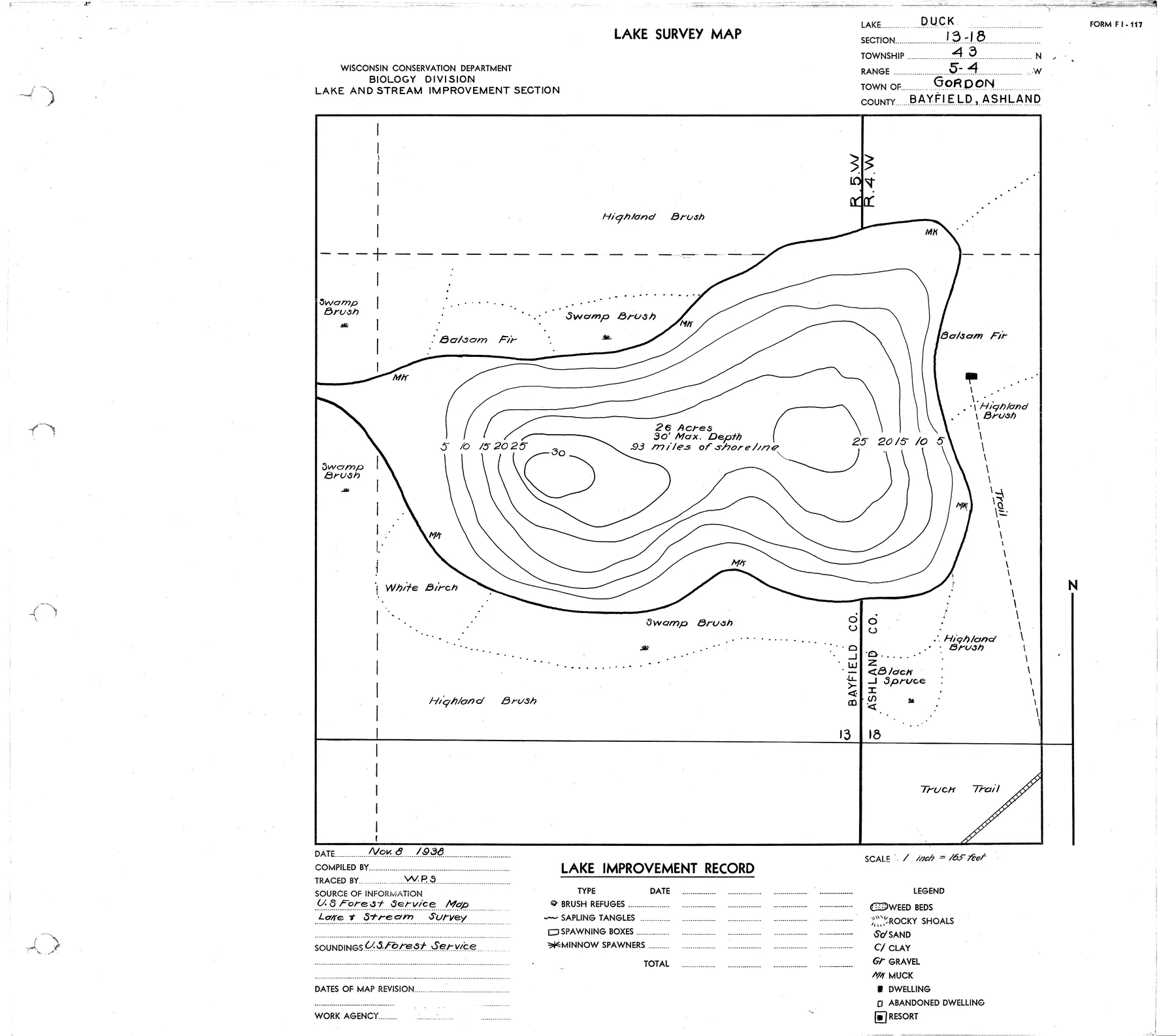 Duck Lake historical Wisconsin DNR depth map sheet 1