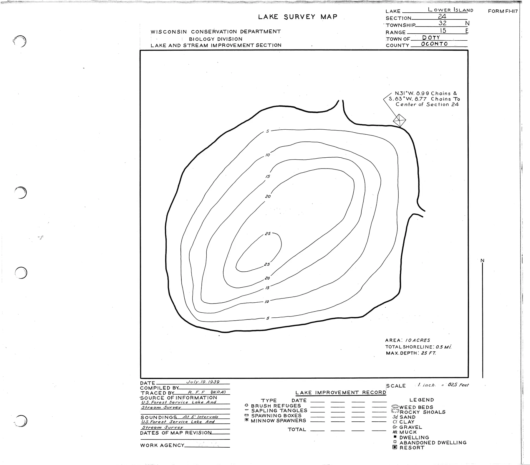 Lower Island Lake historical Wisconsin DNR depth map sheet 1