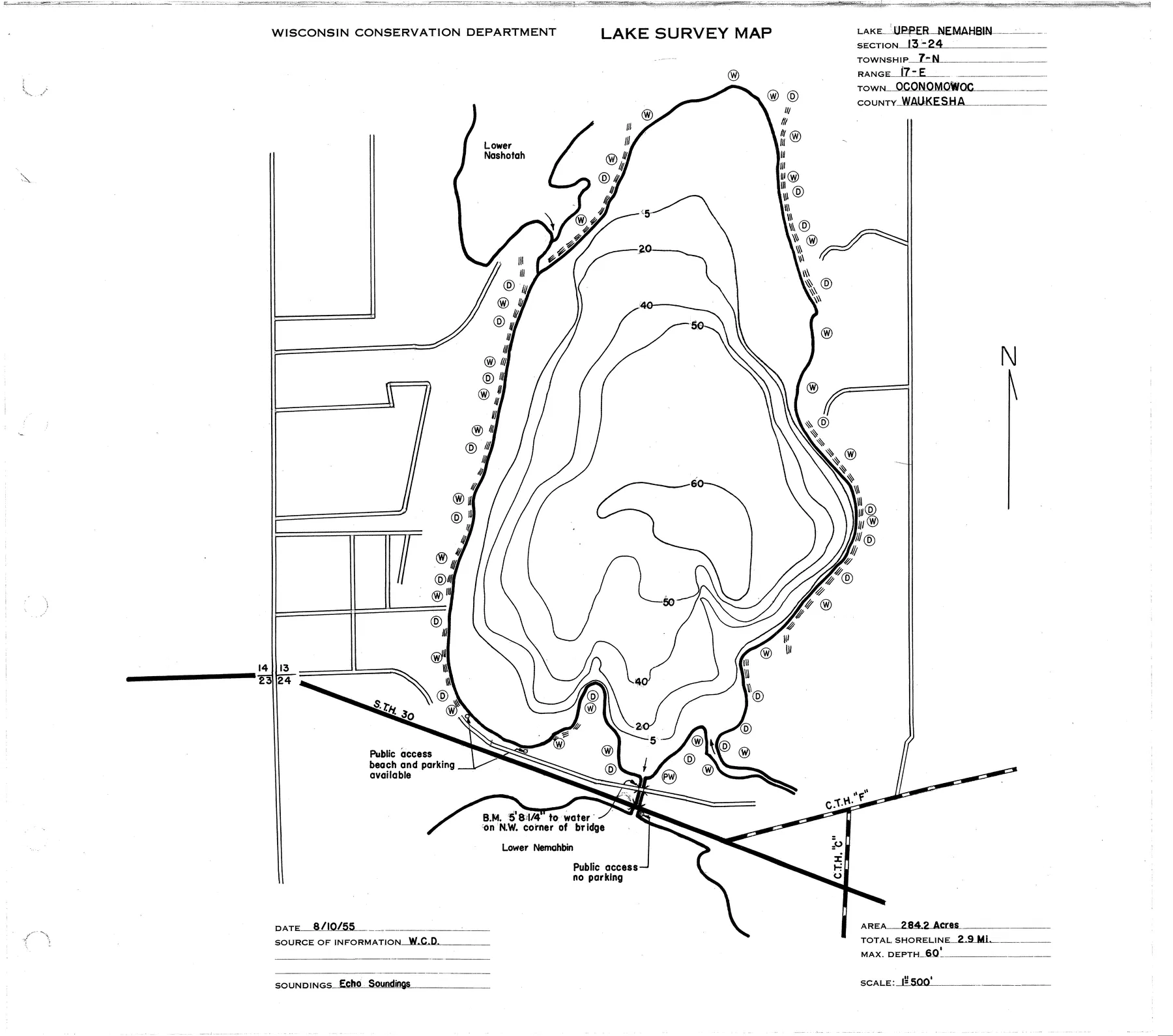 Upper Nemahbin Lake historical Wisconsin DNR depth map sheet 1