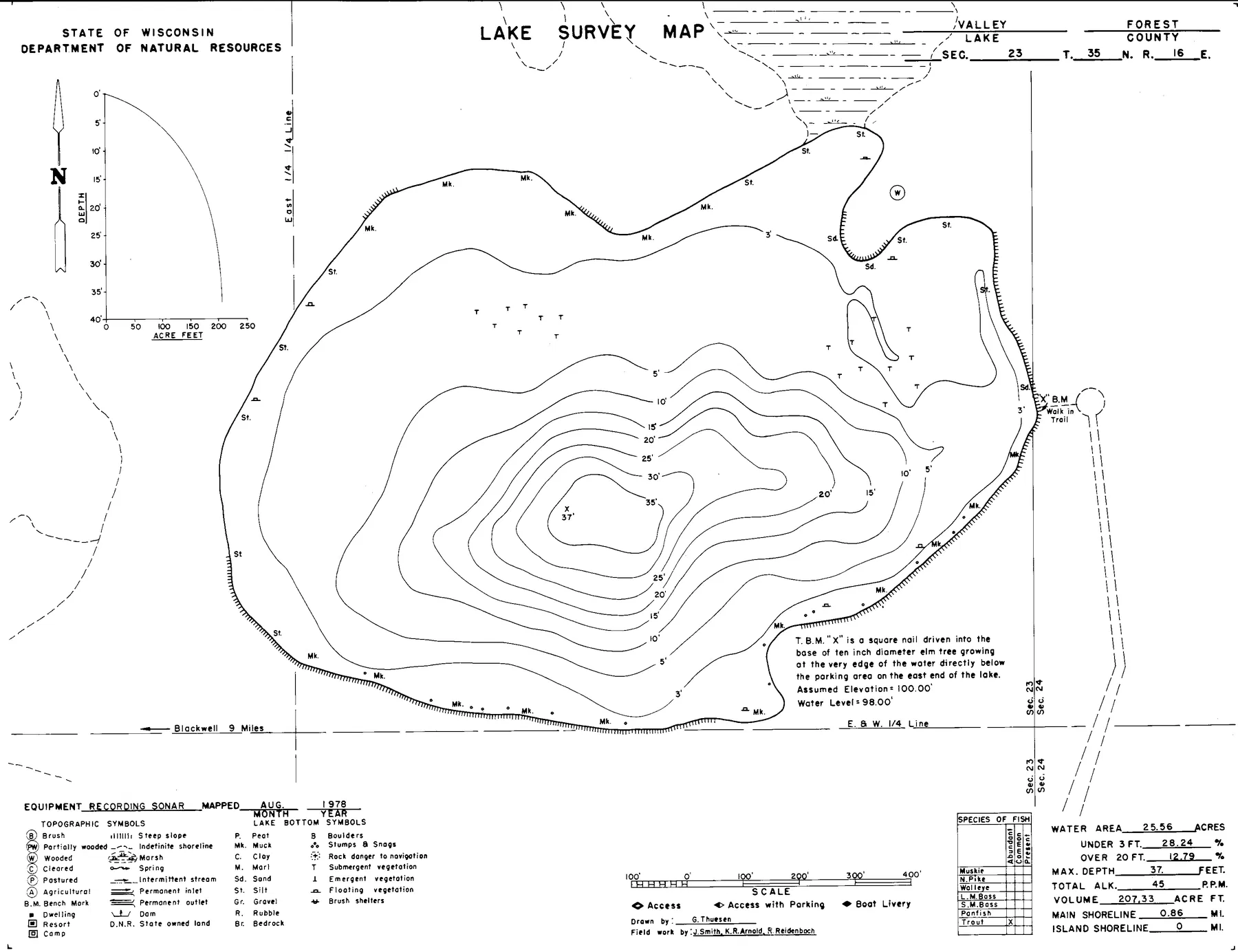 Valley Lake historical Wisconsin DNR depth map sheet 1