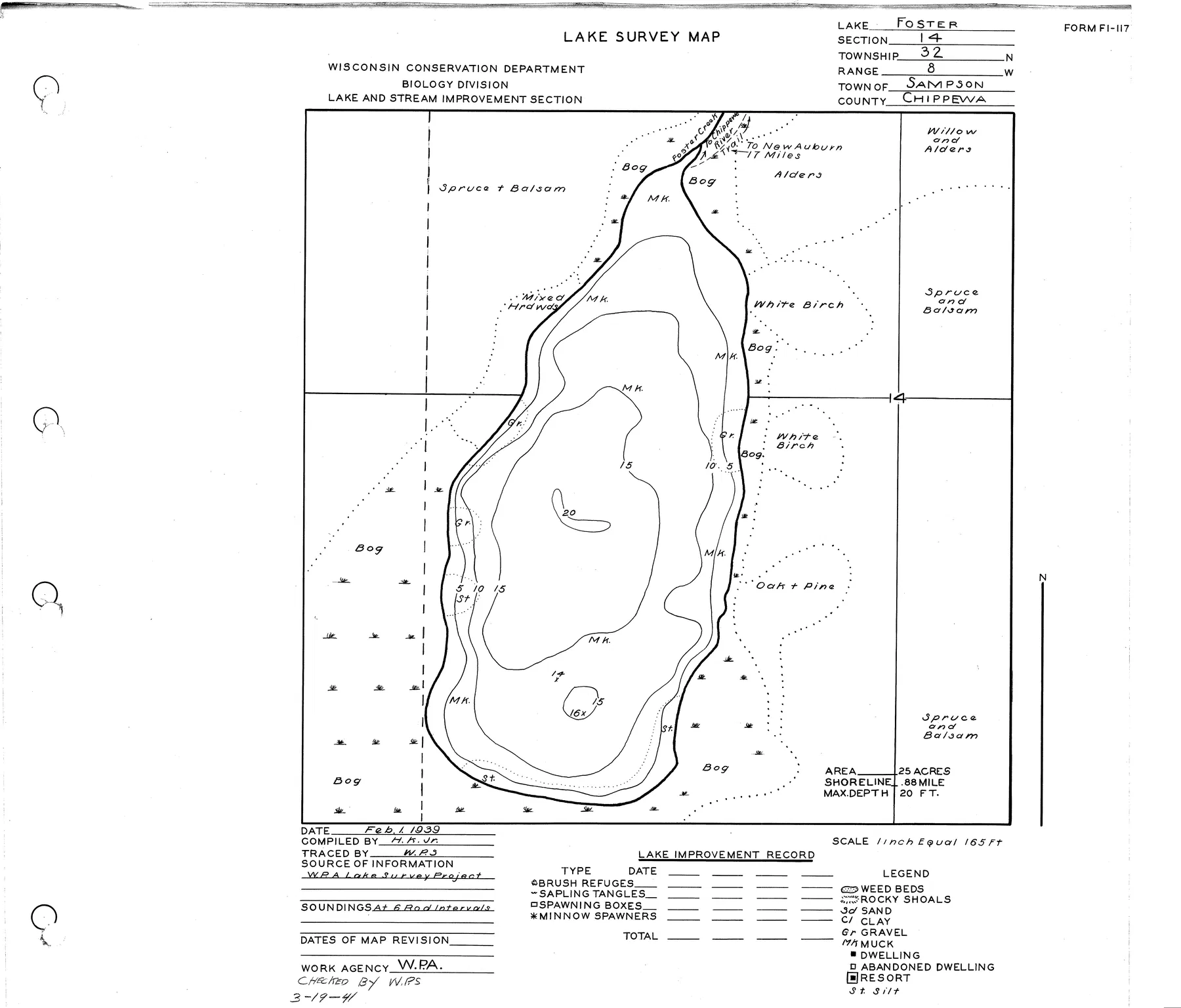 Foster Lake historical Wisconsin DNR depth map sheet 1