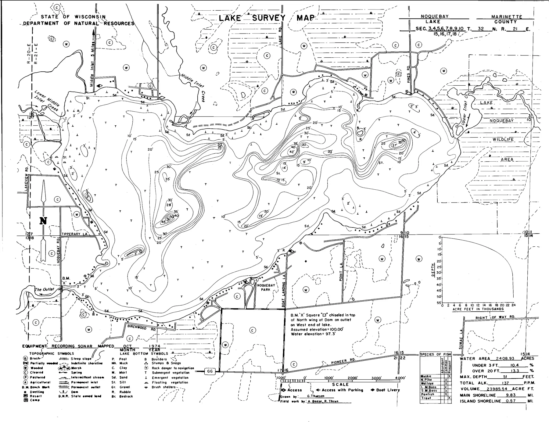 Lake Noquebay historical Wisconsin DNR depth map sheet 1