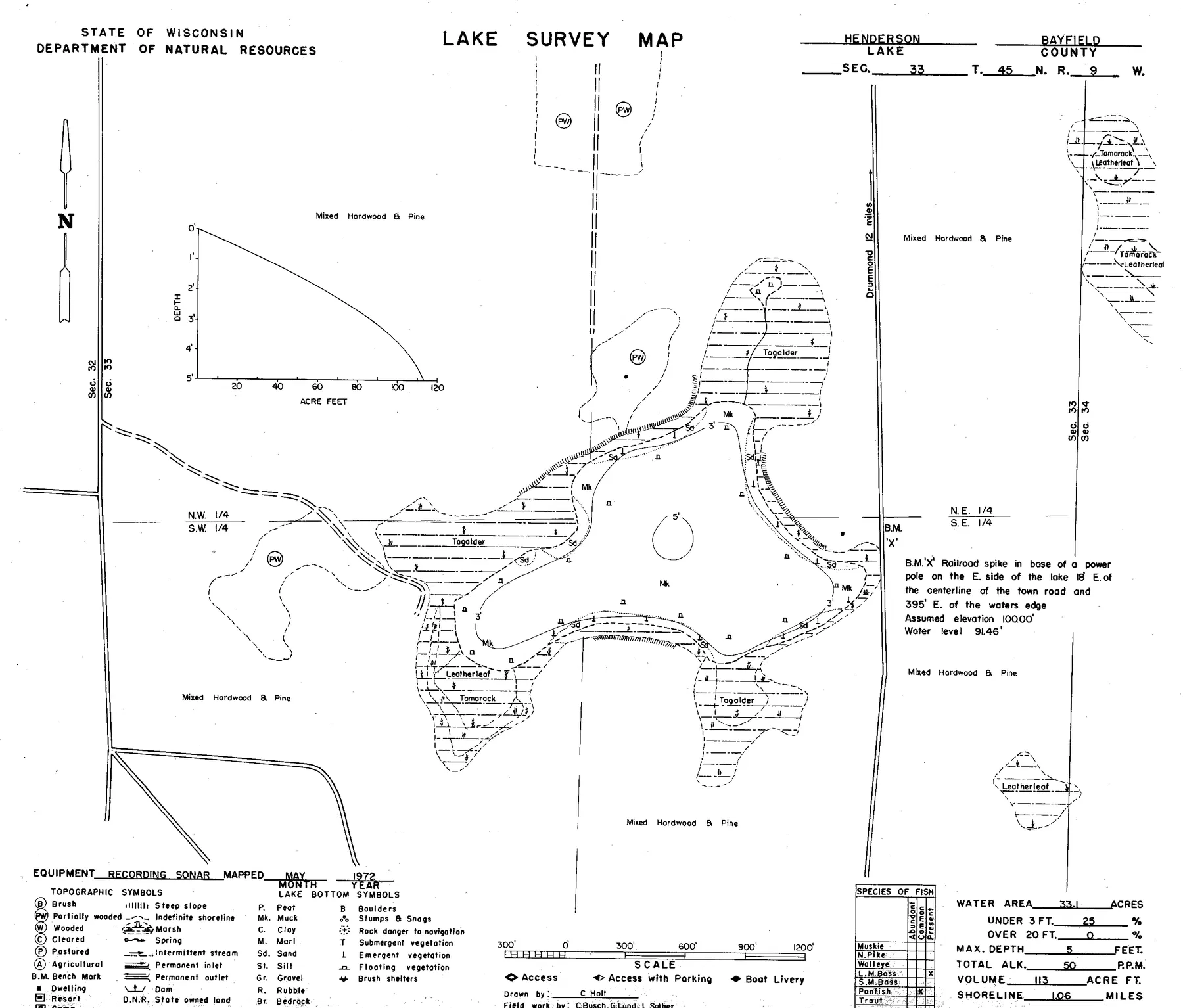 Henderson Lake historical Wisconsin DNR depth map sheet 1
