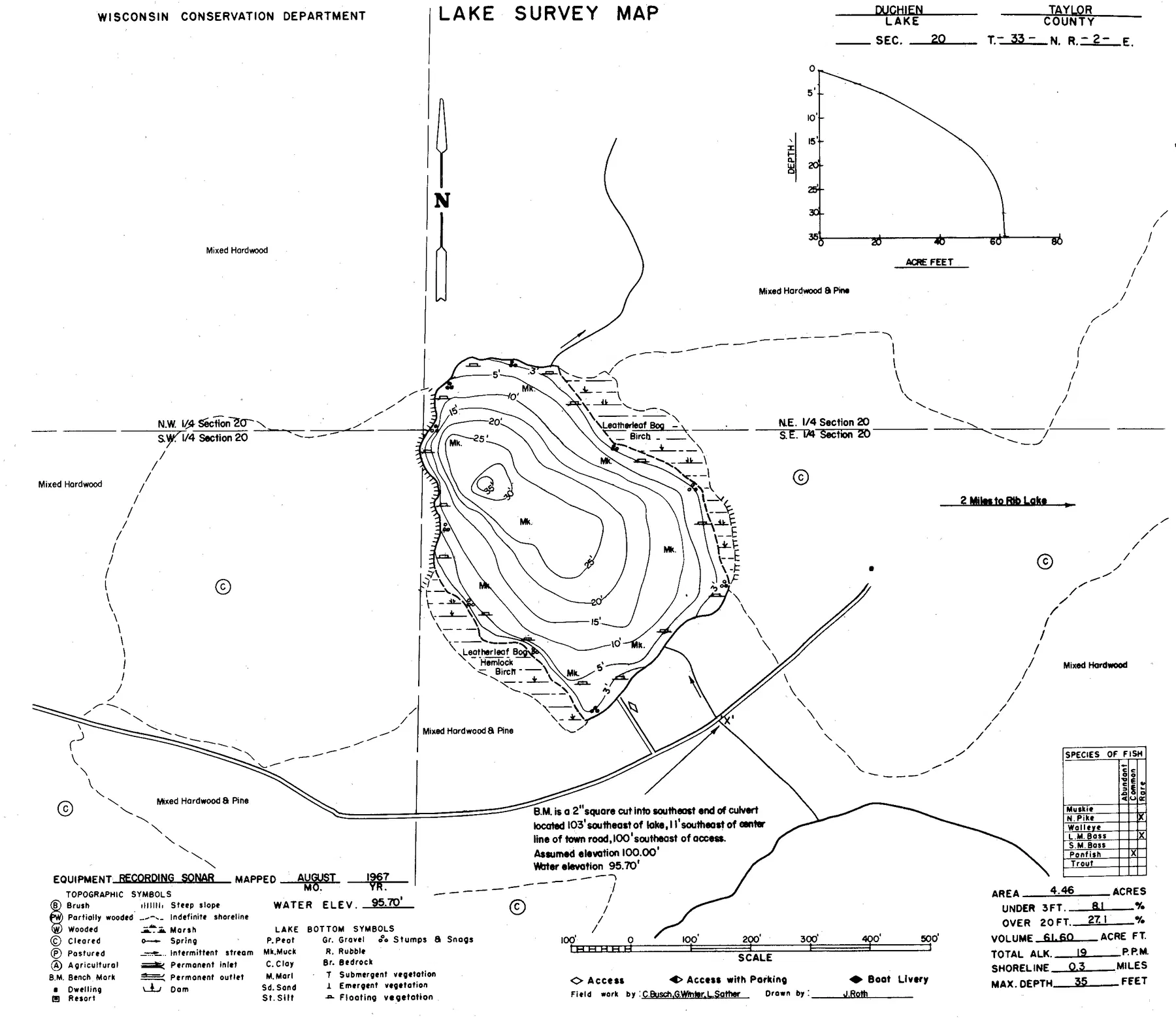 Duchien Lake historical Wisconsin DNR depth map sheet 1