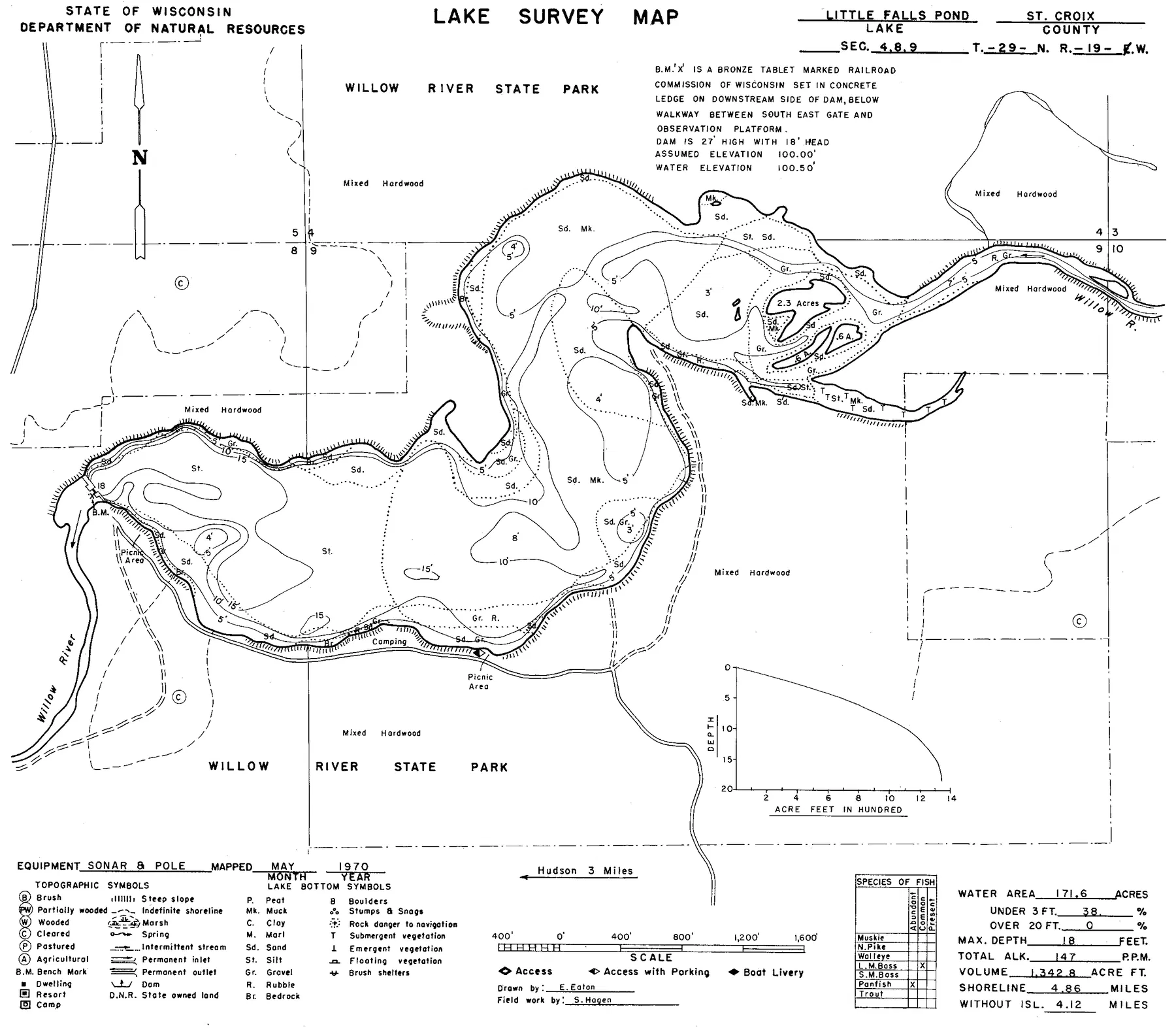 Little Falls Lake historical Wisconsin DNR depth map sheet 1