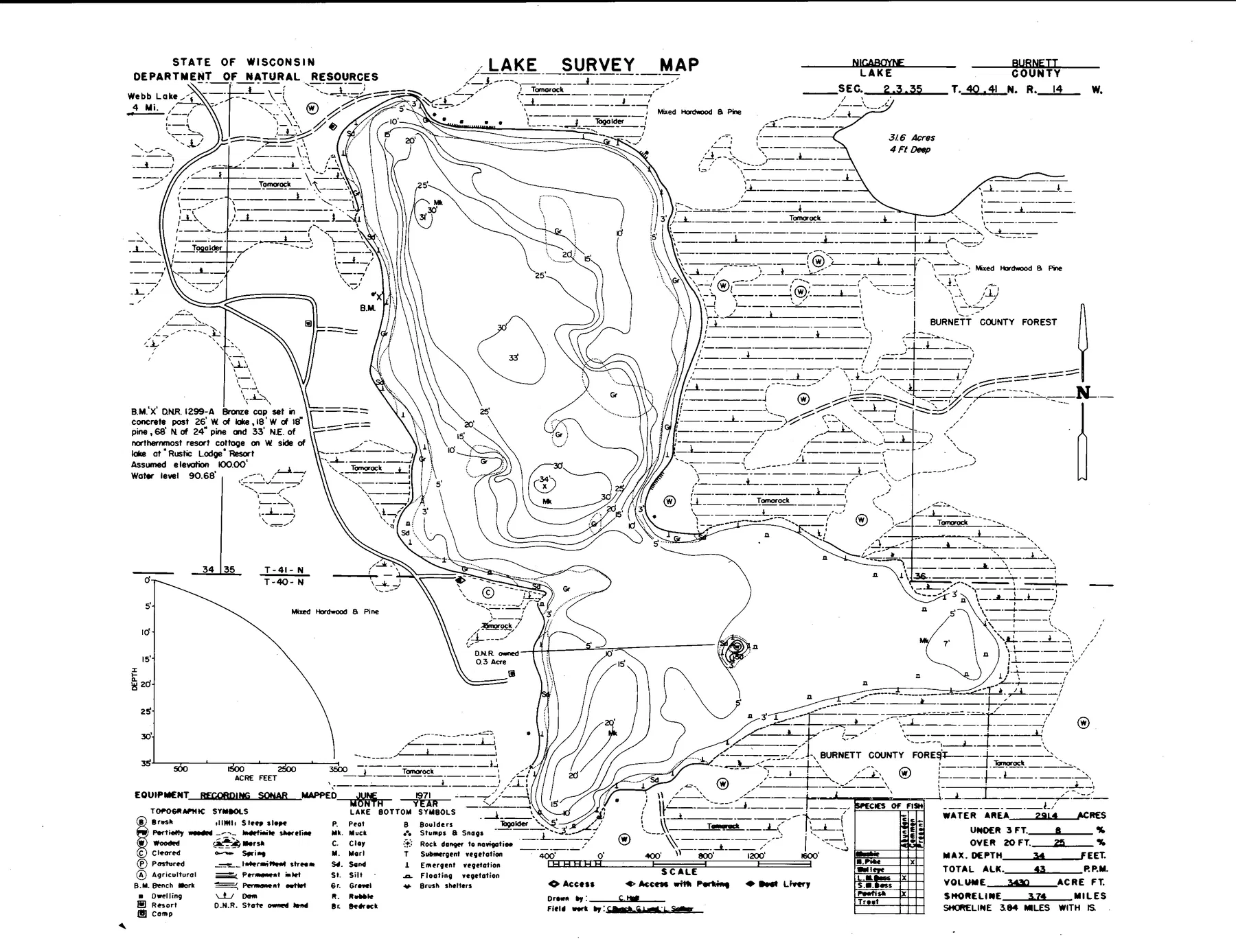 Nicaboyne Lake historical Wisconsin DNR depth map sheet 1