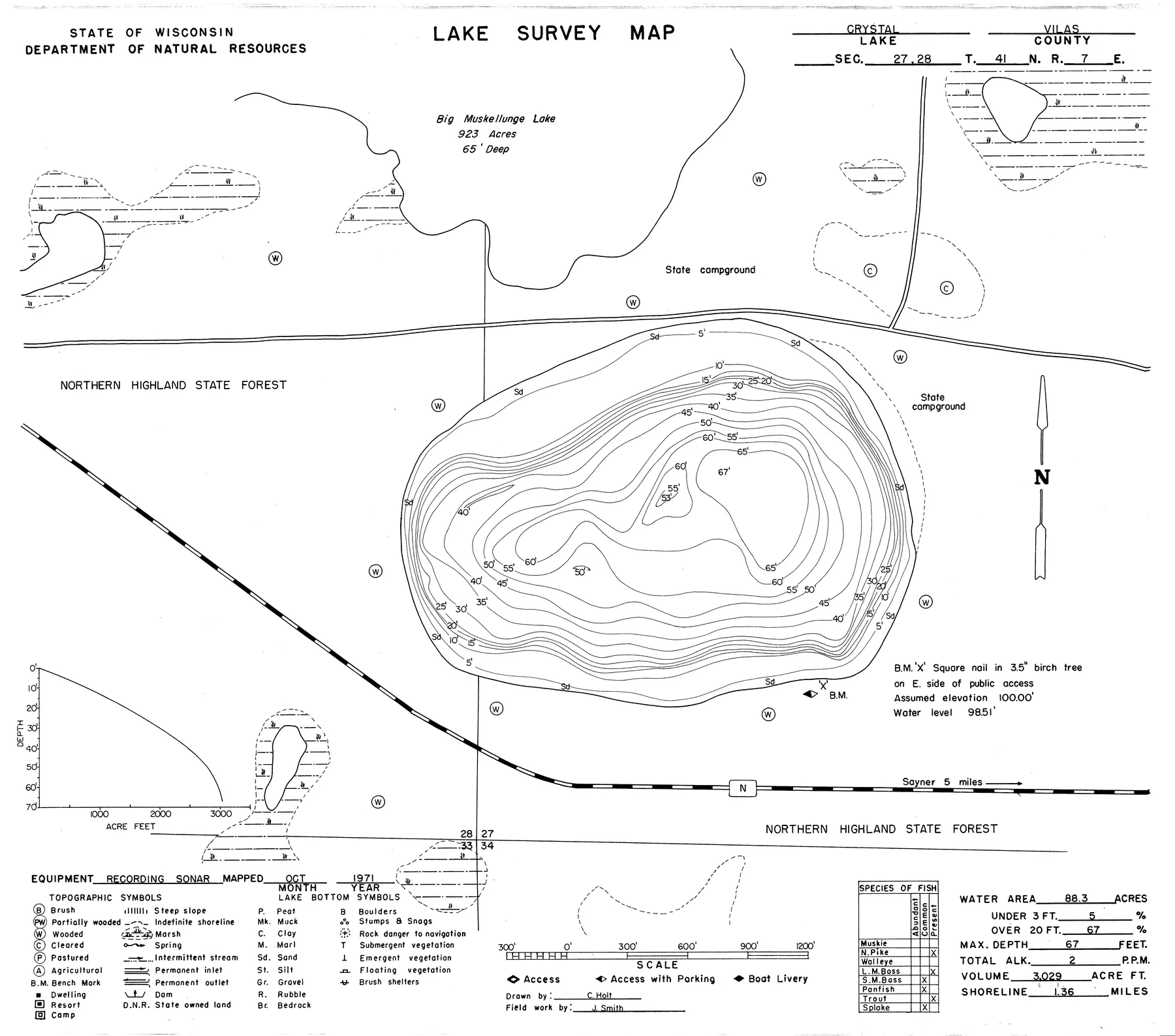 Crystal Lake historical Wisconsin DNR depth map sheet 1