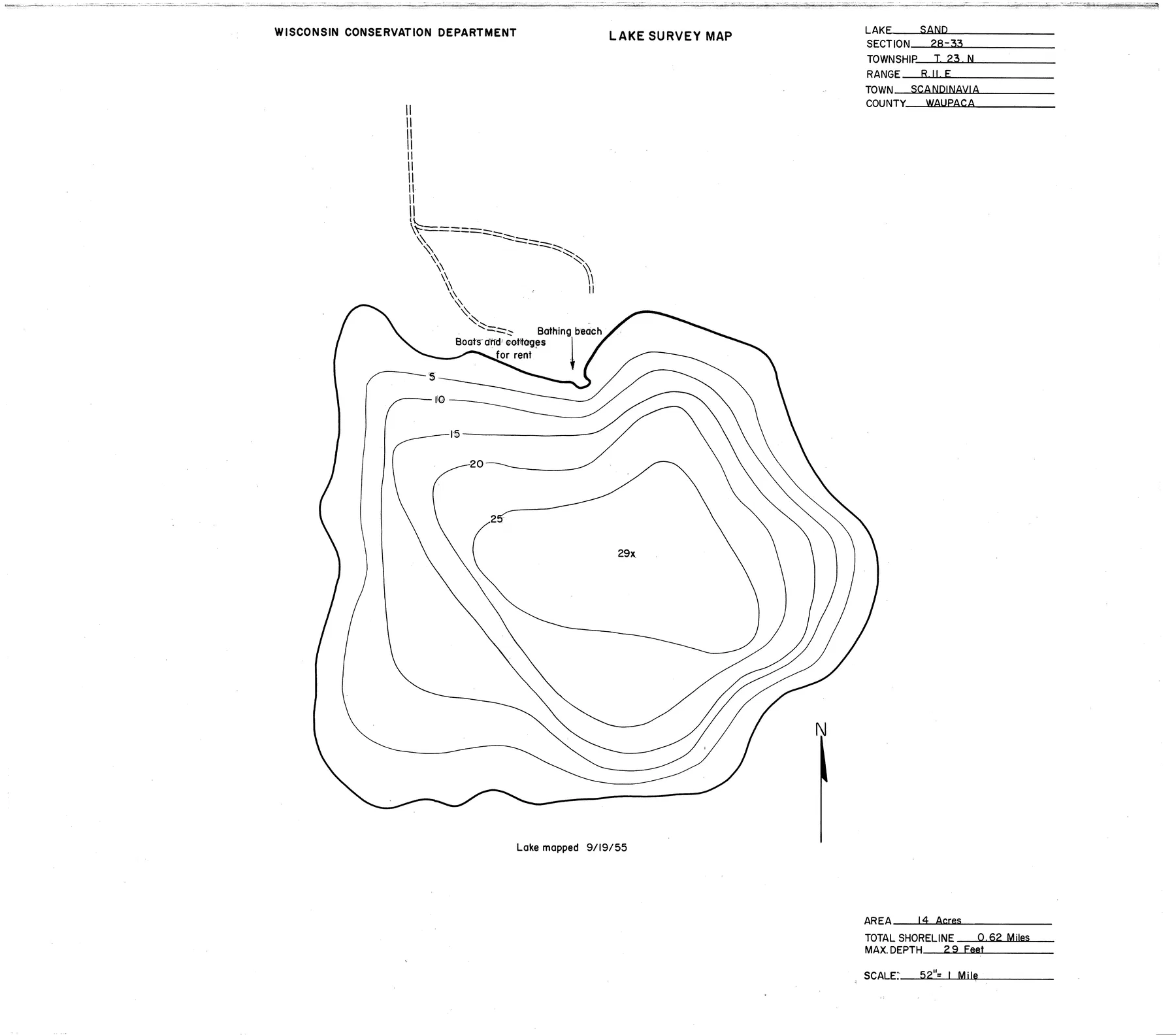 Sand Lake historical Wisconsin DNR depth map sheet 1