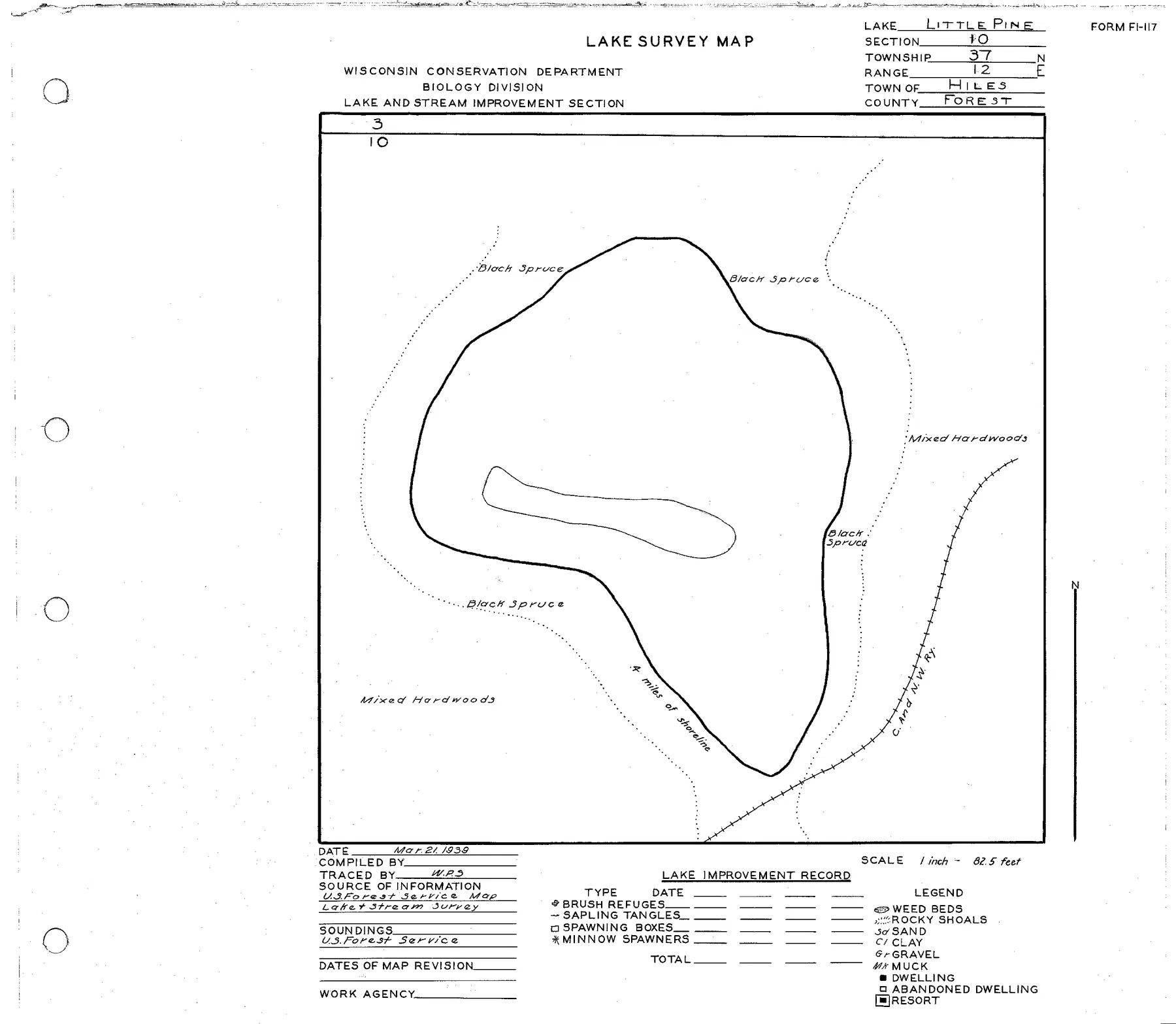 Little Pine Lake historical Wisconsin DNR depth map sheet 1