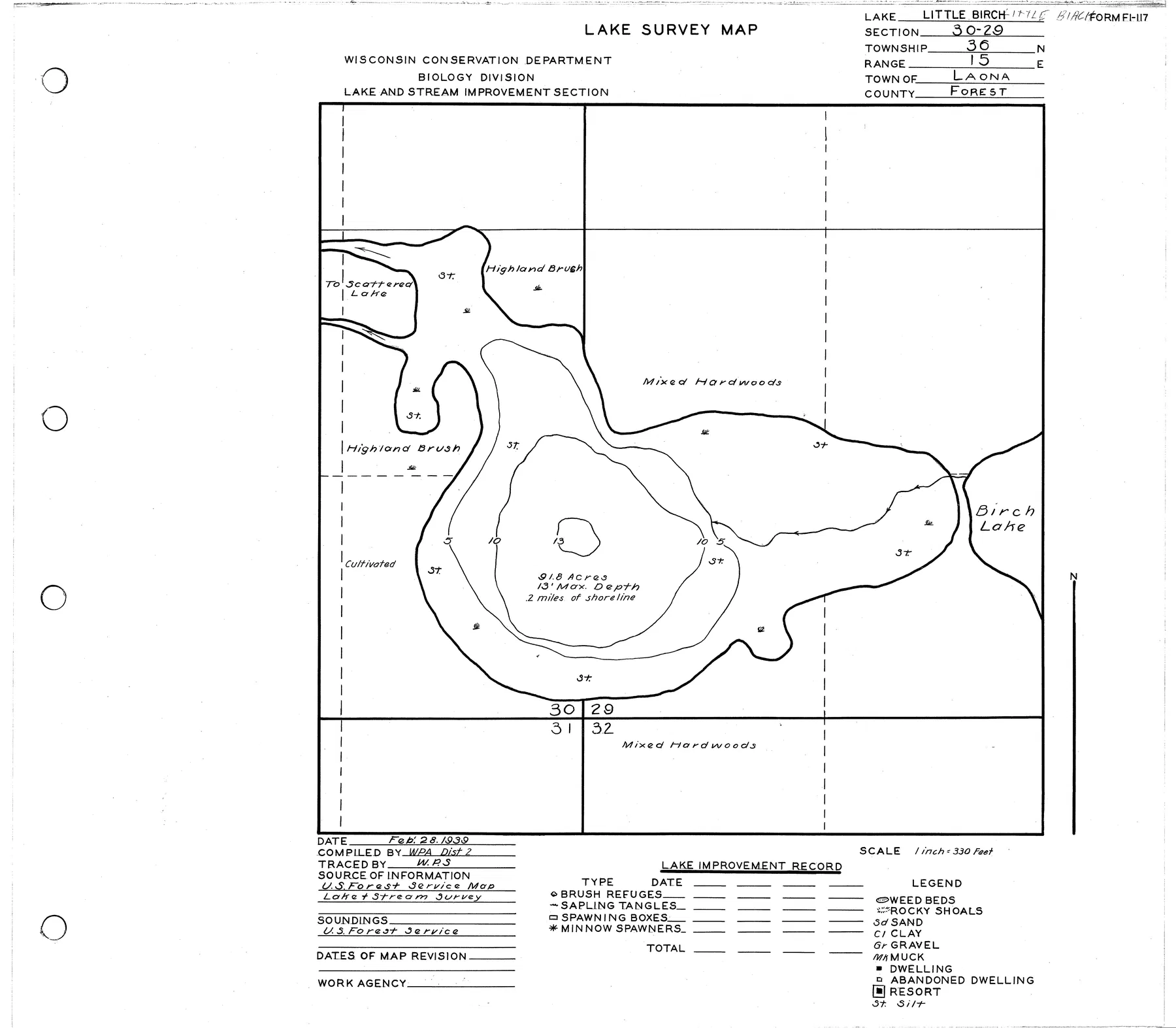 Little Birch Lake historical Wisconsin DNR depth map sheet 1