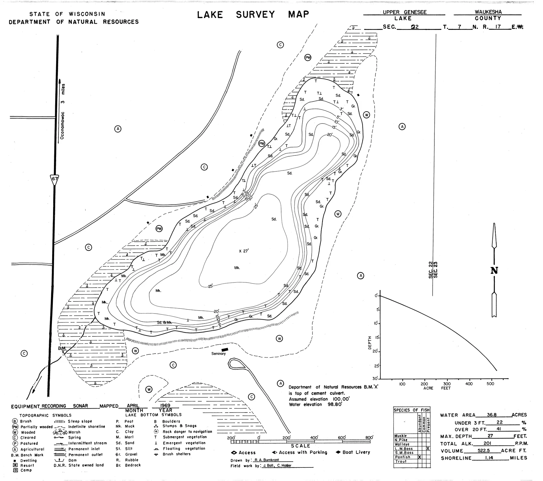 Upper Genesee Lake historical Wisconsin DNR depth map sheet 1