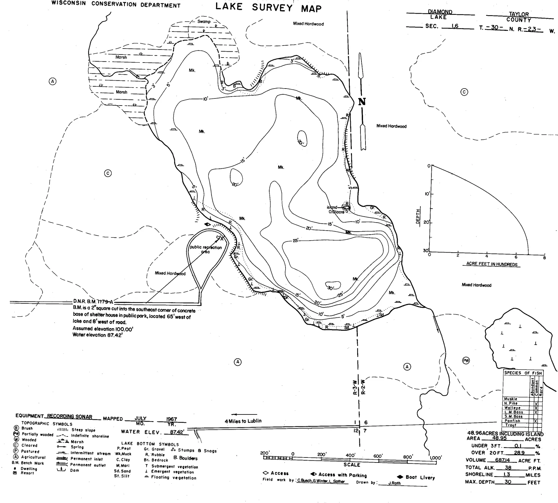 Diamond Lake historical Wisconsin DNR depth map sheet 1