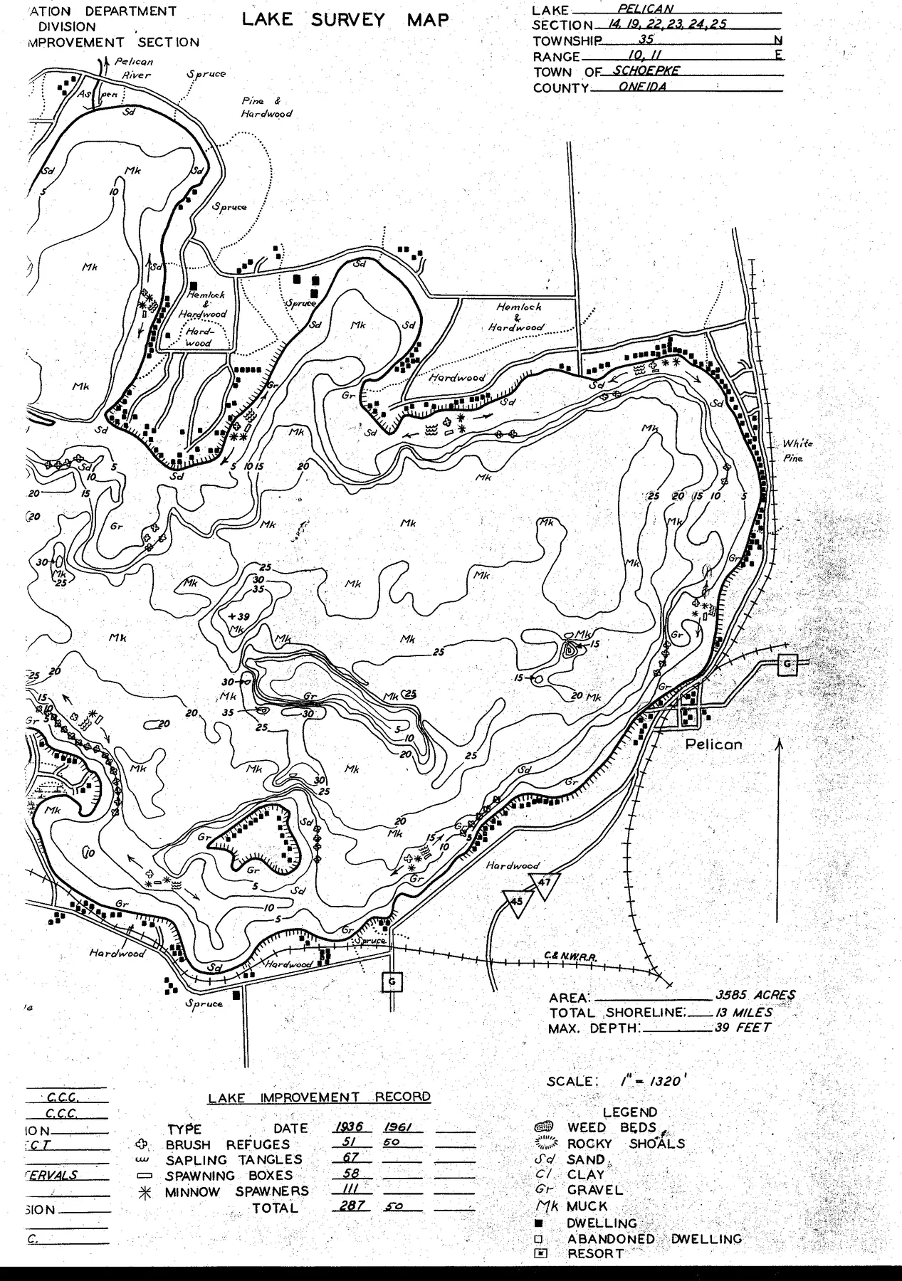 Pelican Lake historical Wisconsin DNR depth map sheet 1