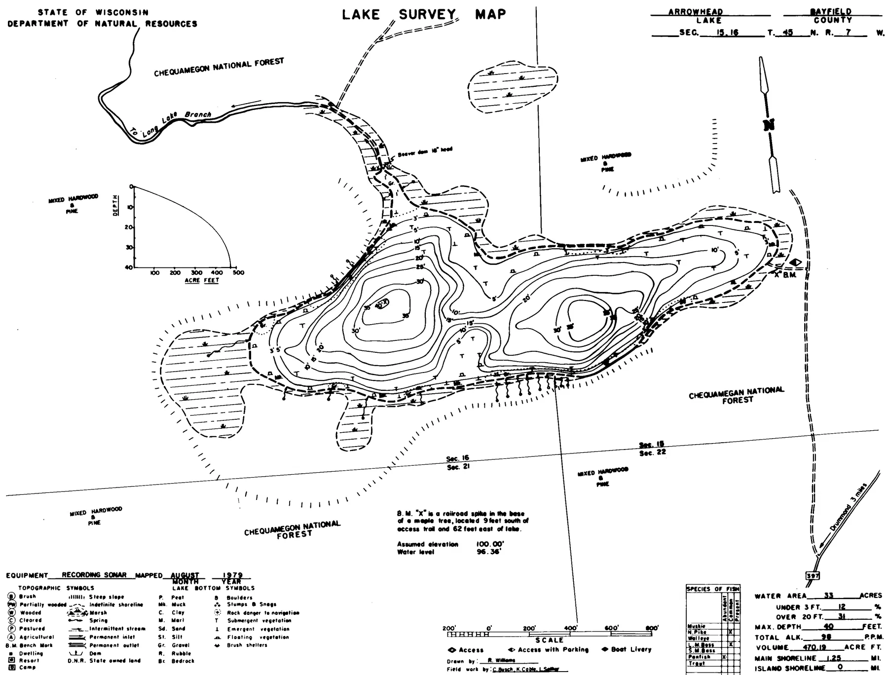 Arrowhead Lake historical Wisconsin DNR depth map sheet 1
